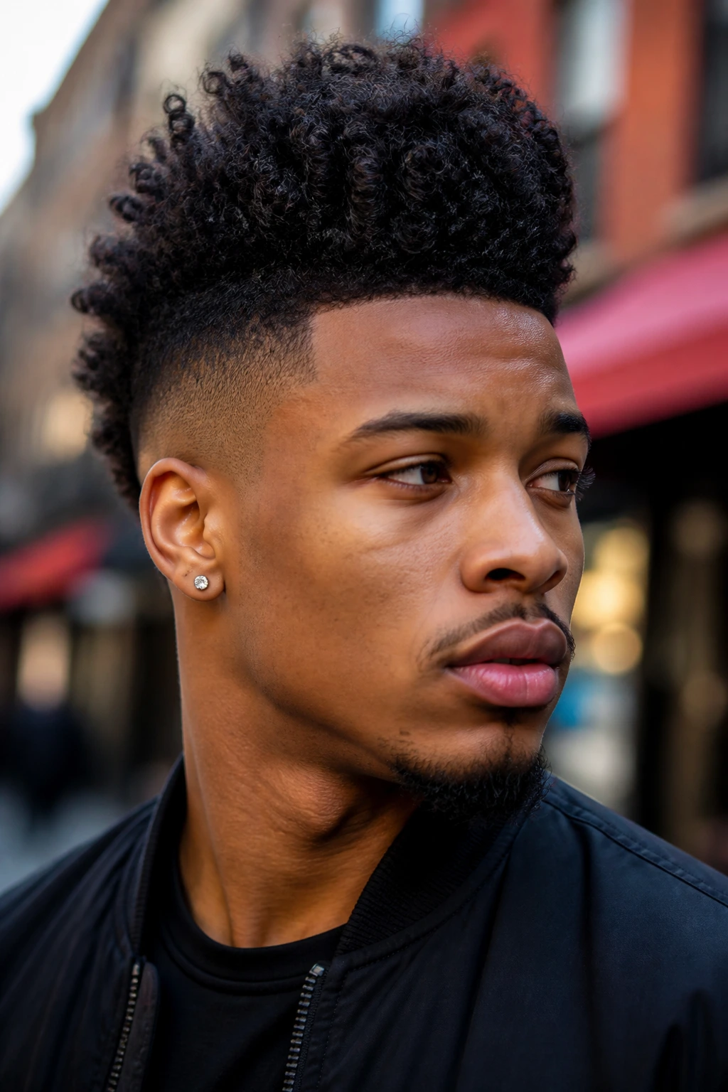 Close-up of a real person with a tapered frohawk in an urban setting.