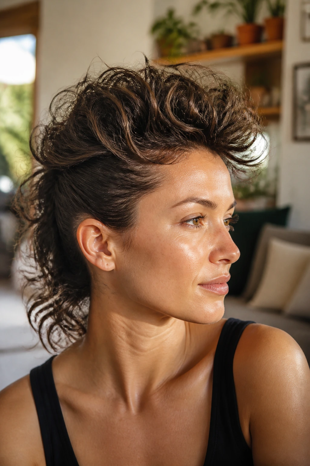 Close-up of a woman with messy wavy frohawk in natural light.