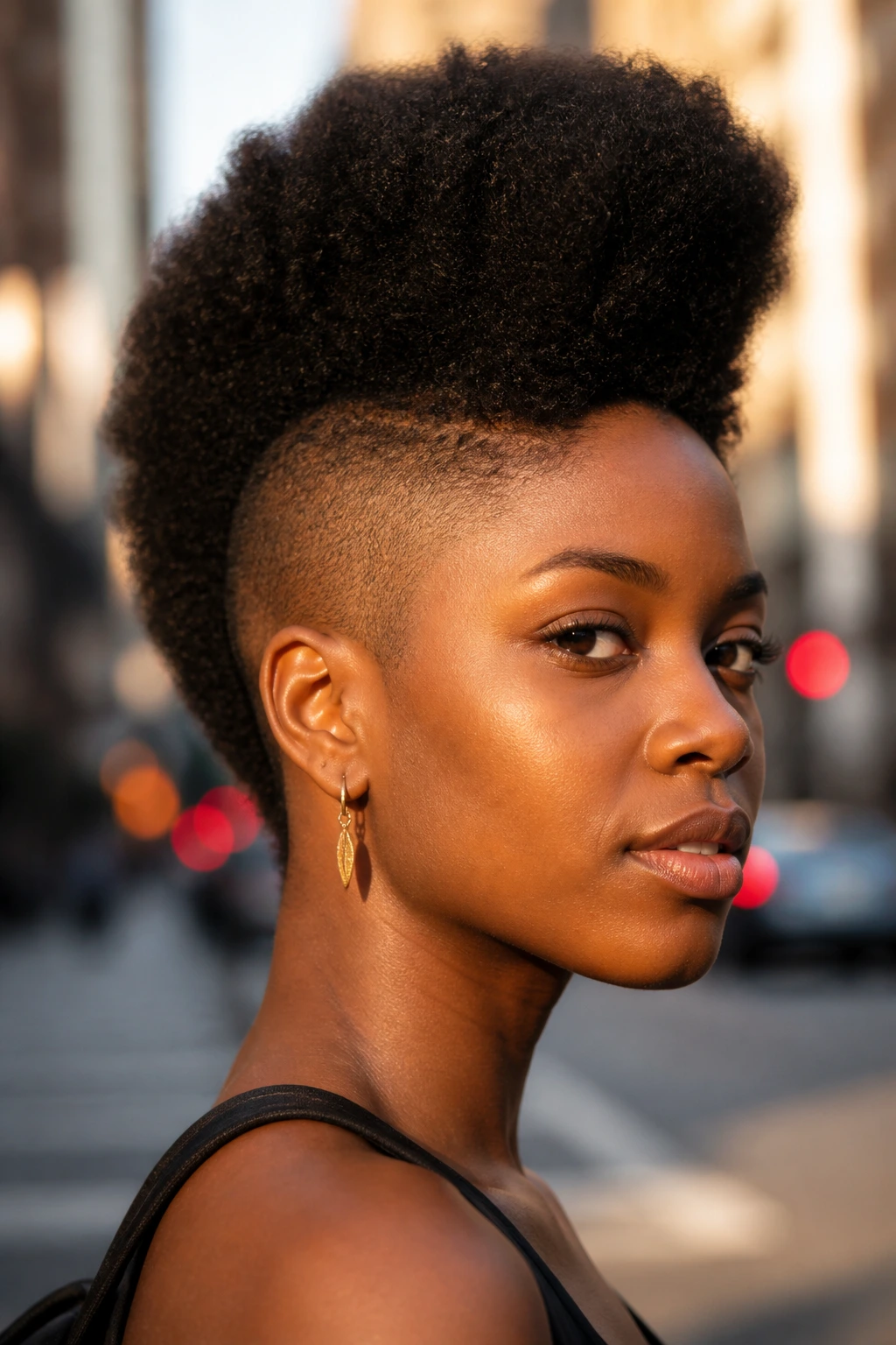Close-up of a Black woman with frohawk high top fade on city street