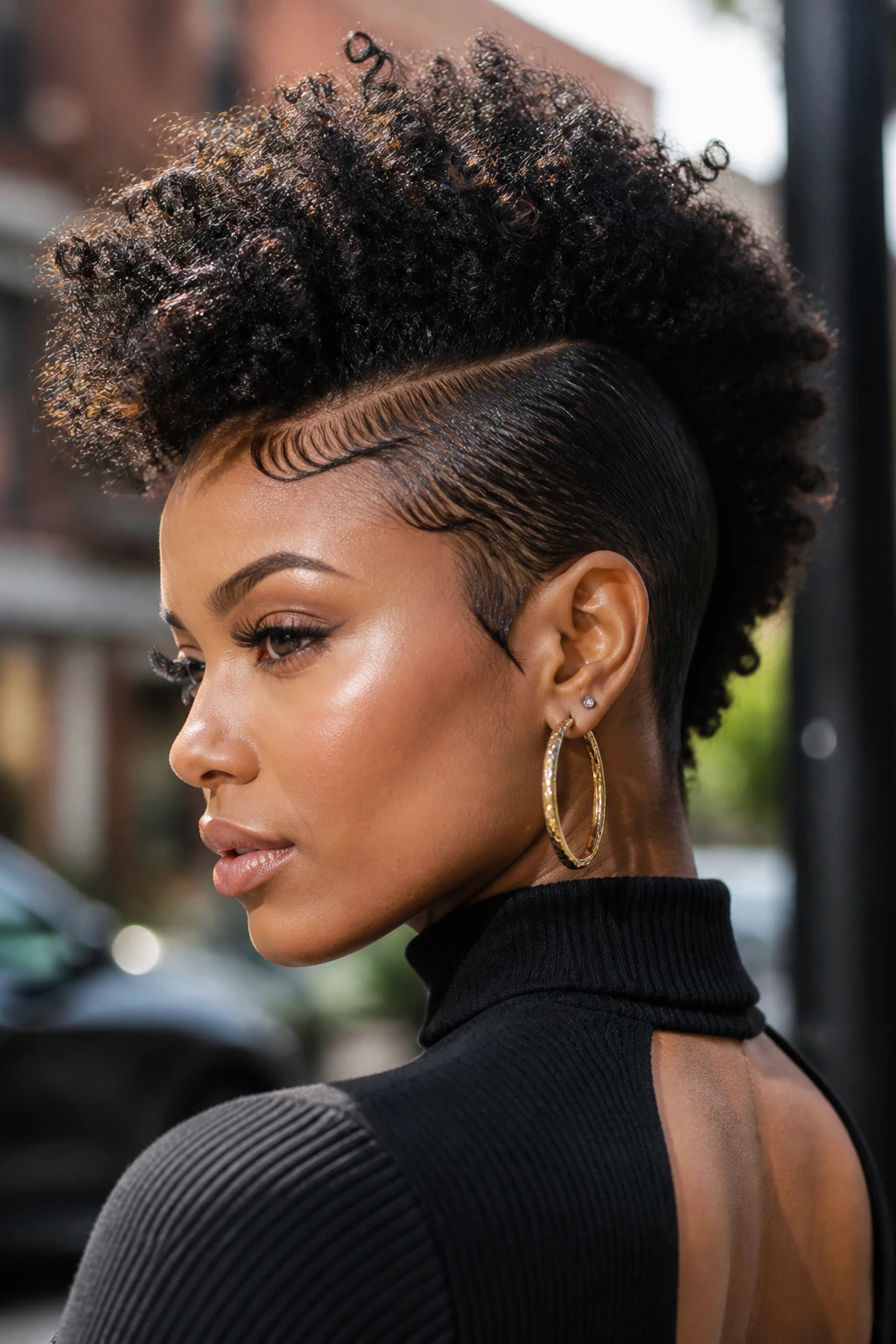 Portrait of a woman with frohawk and laid sides in daylight outdoors