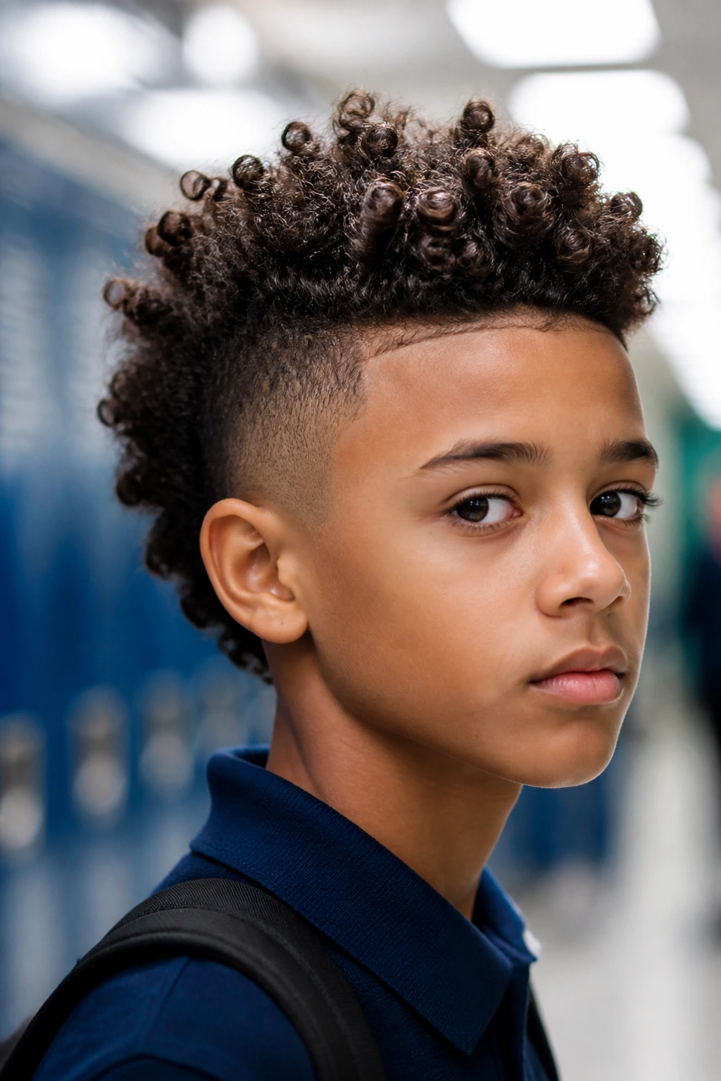 Real schoolboy with frohawk hairstyle demonstrating longer curls in center
