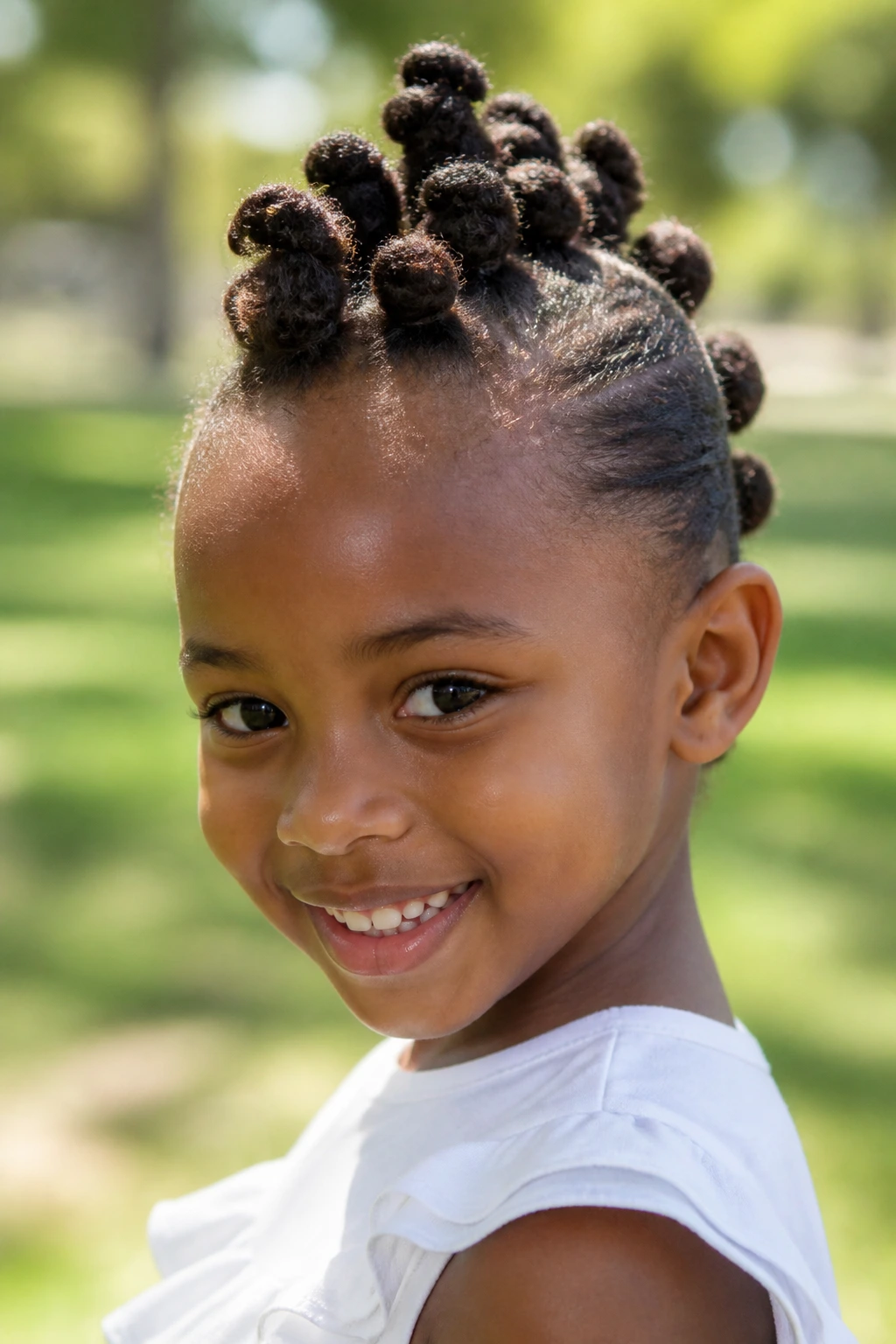 Close-up of a child with a frohawk of mini puffs in a sunlit park.