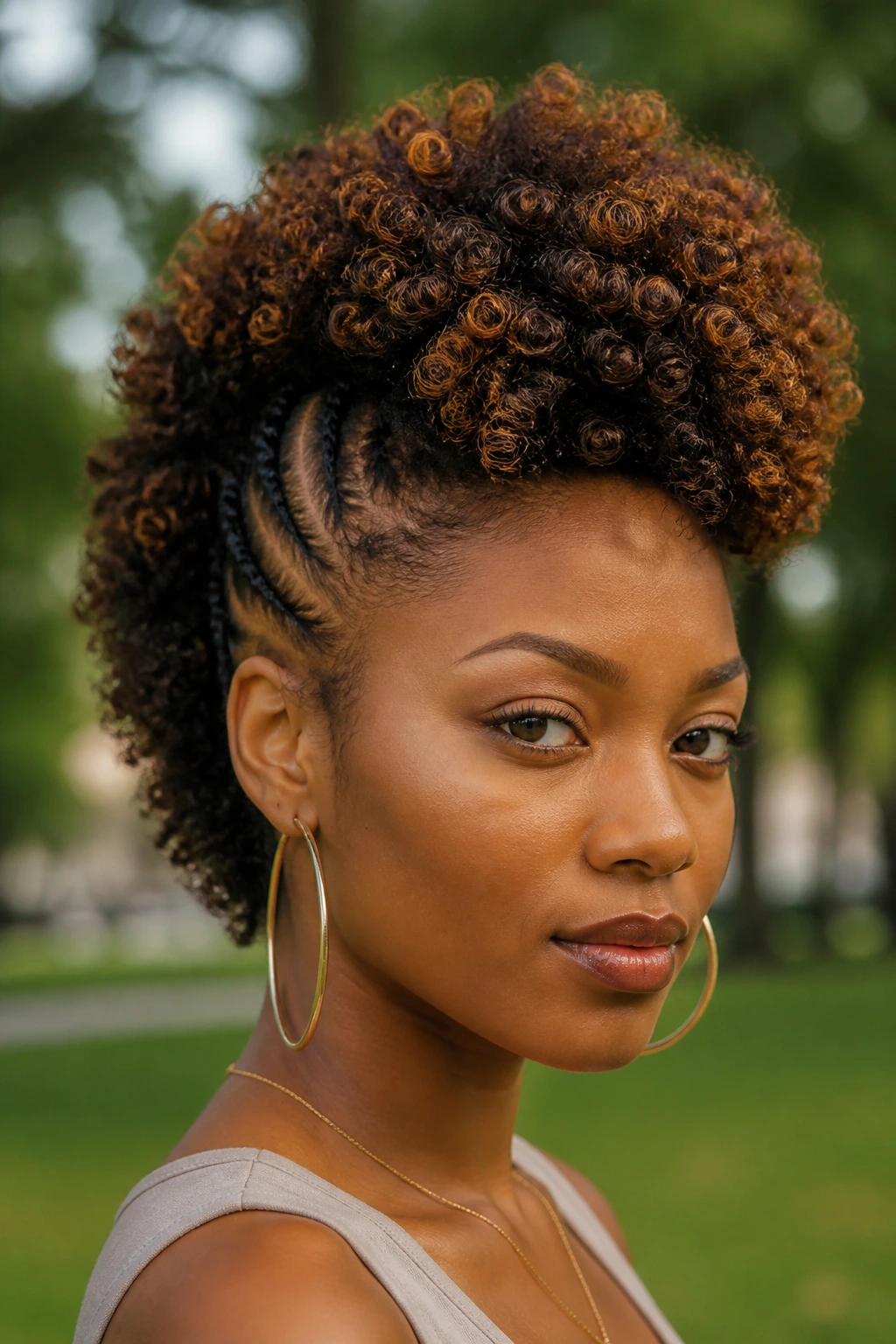 Close-up of a person with a frohawk on natural curls