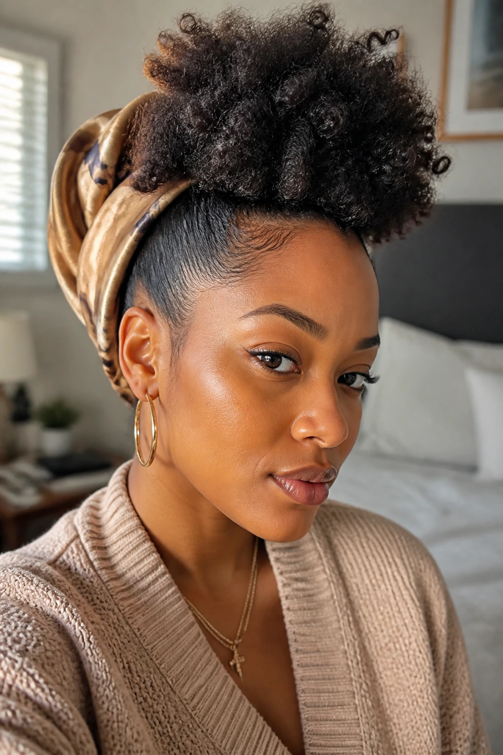 Medium close-up of a real woman with frohawk and satin wrap in a cozy bedroom