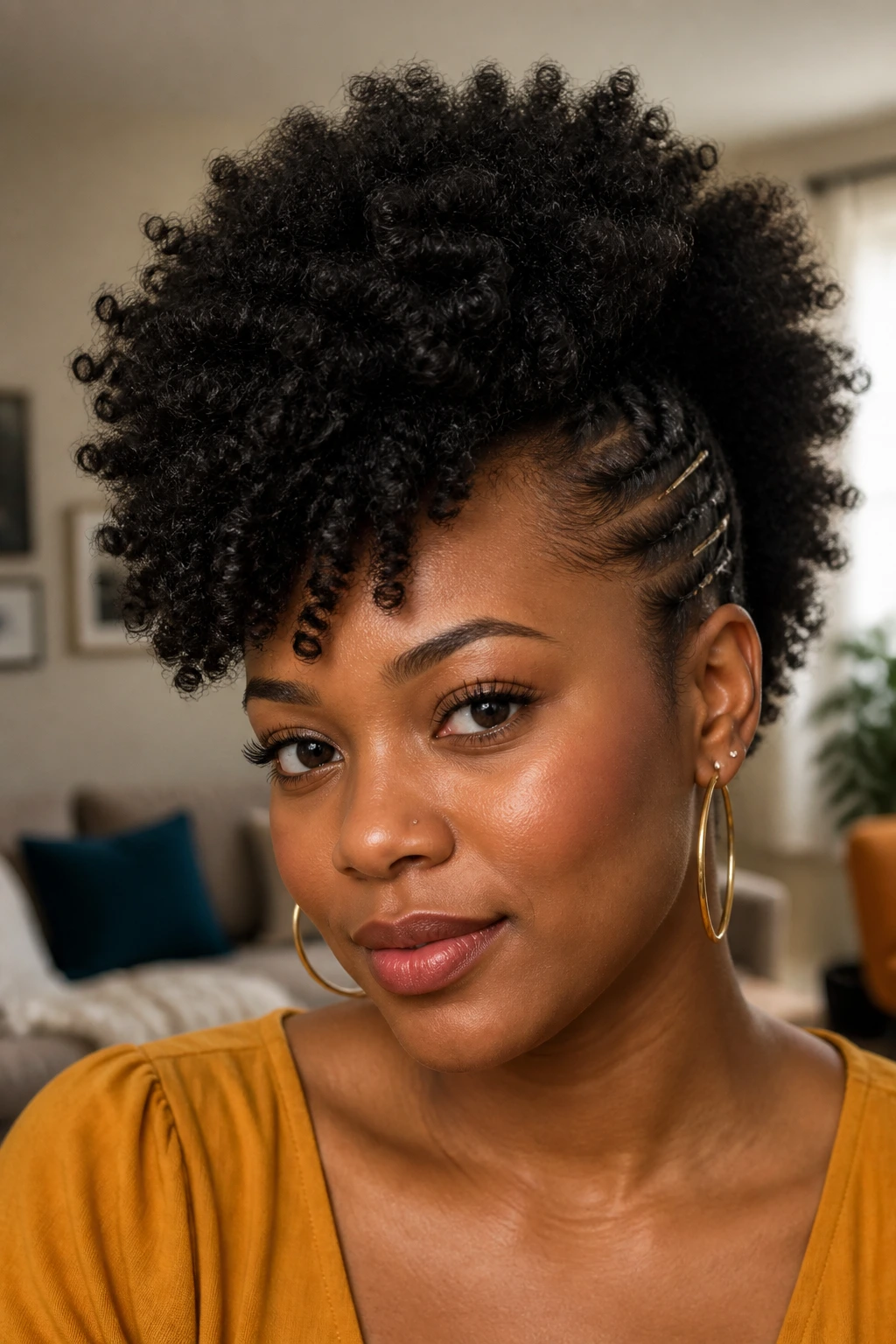 Close-up portrait of a real Black woman with a frohawk and pinned sides.