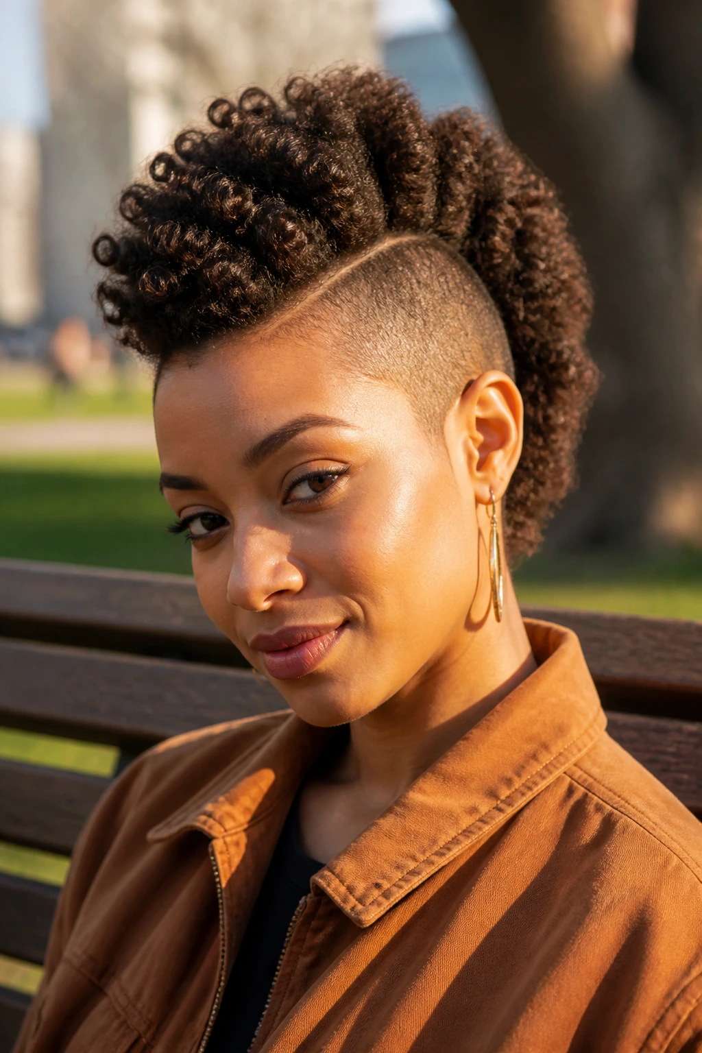 Close-up of a real person with frohawk and defined curl pockets