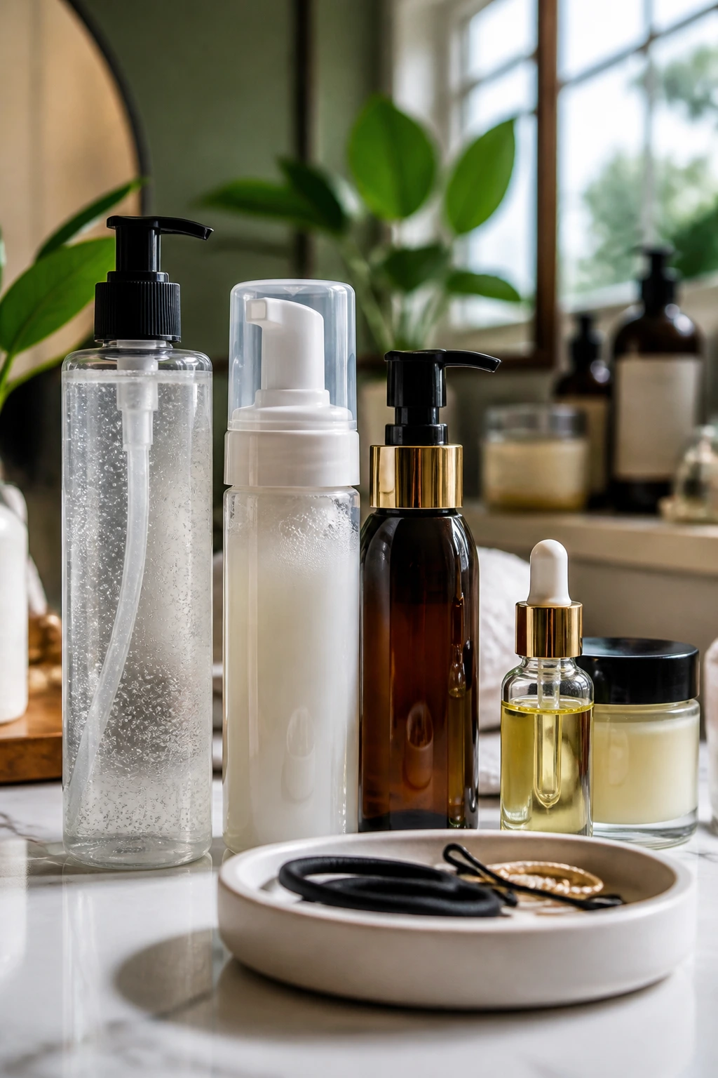 Close-up of unlabeled hair care bottles on a bathroom vanity for frohawk hold and shine