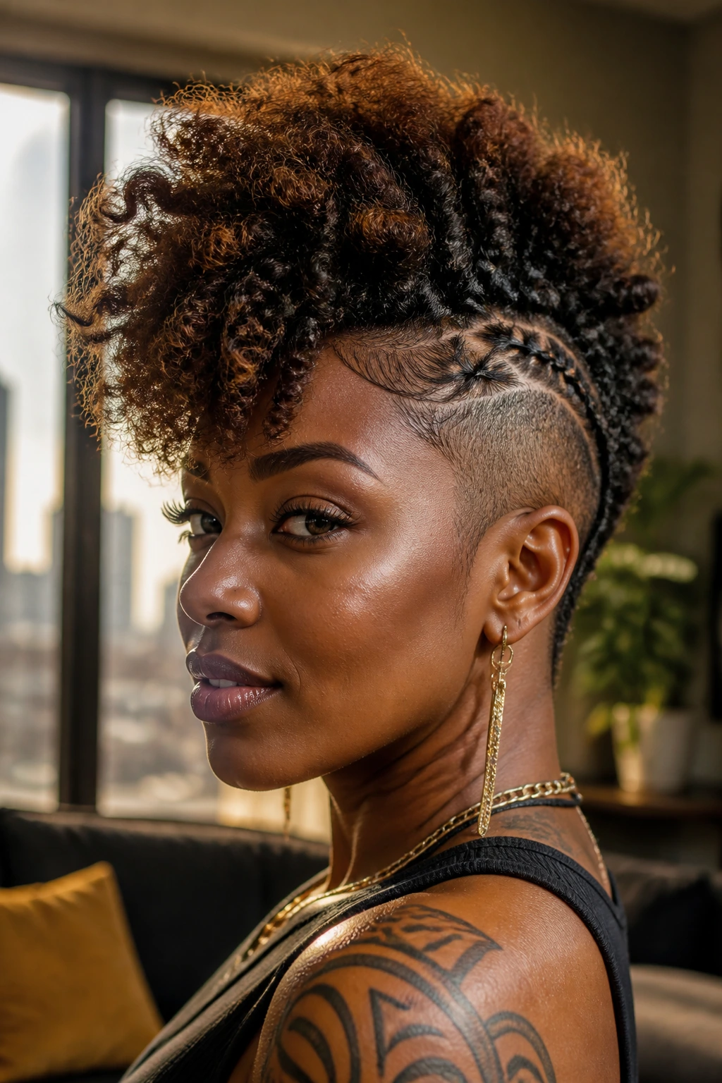 Close-up portrait of a Black woman with a frohawk silhouette illustrating versatile frohawk styles.