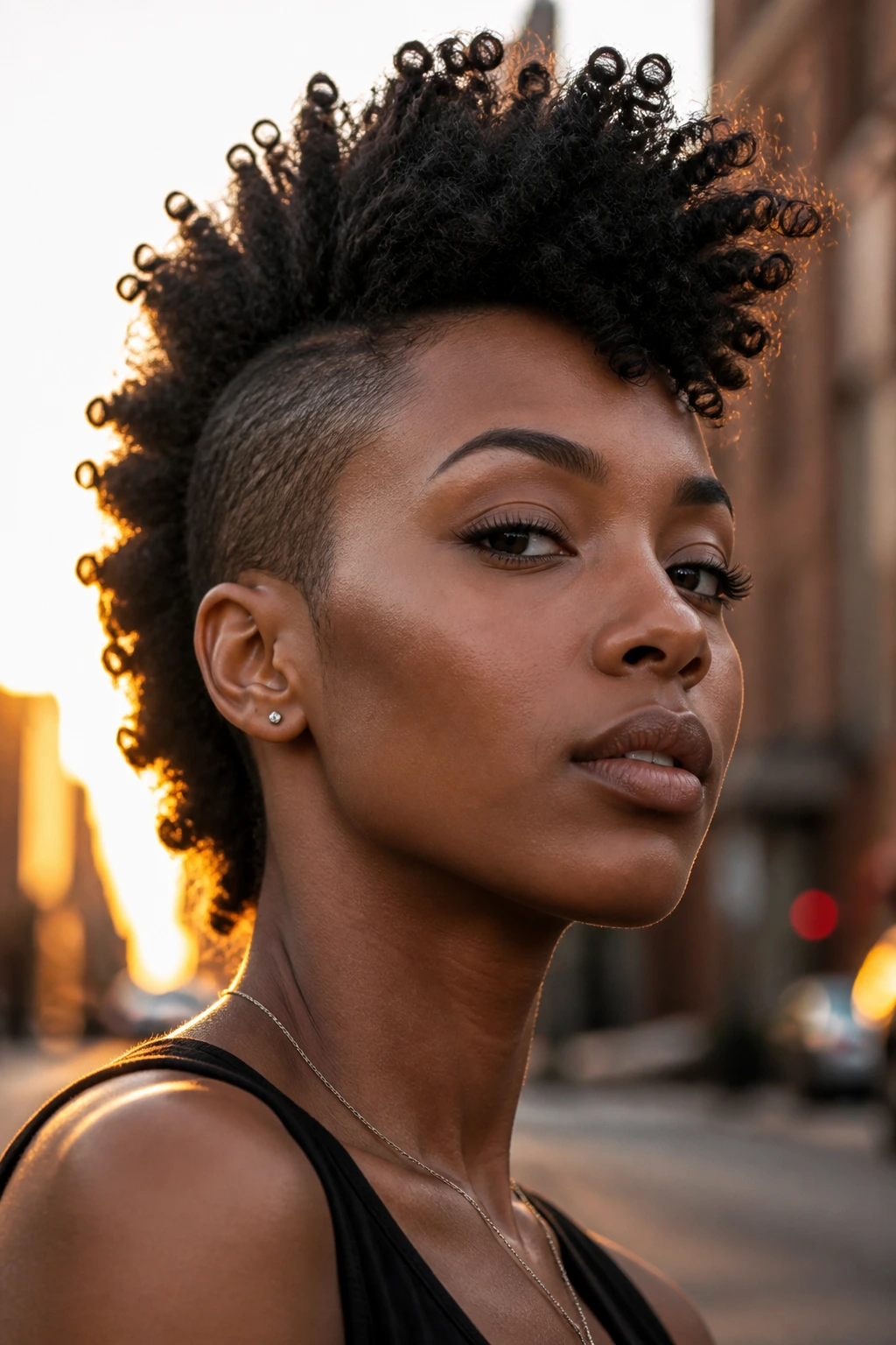 Close-up portrait of a real Black woman with a frohawk shag and narrow sides