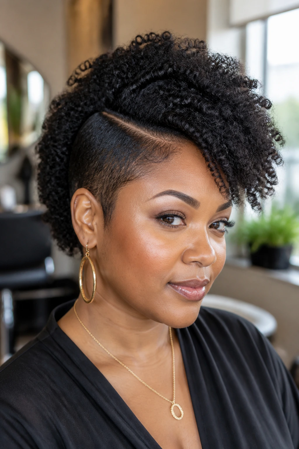 Close-up portrait of a Black woman with a side-parted frohawk.