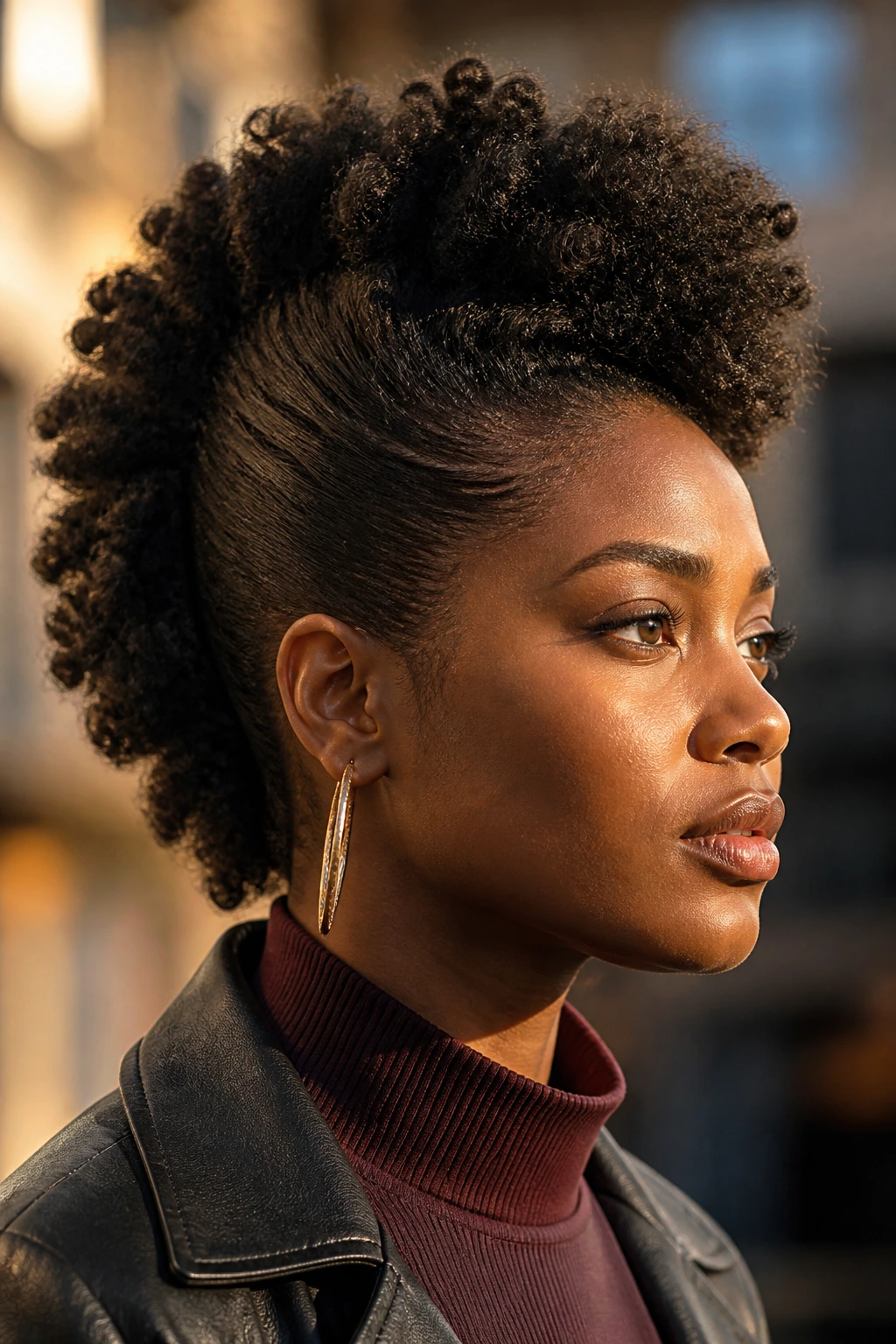 Close-up of a real person with a frohawk hairstyle showing stretched sides and centered ridge