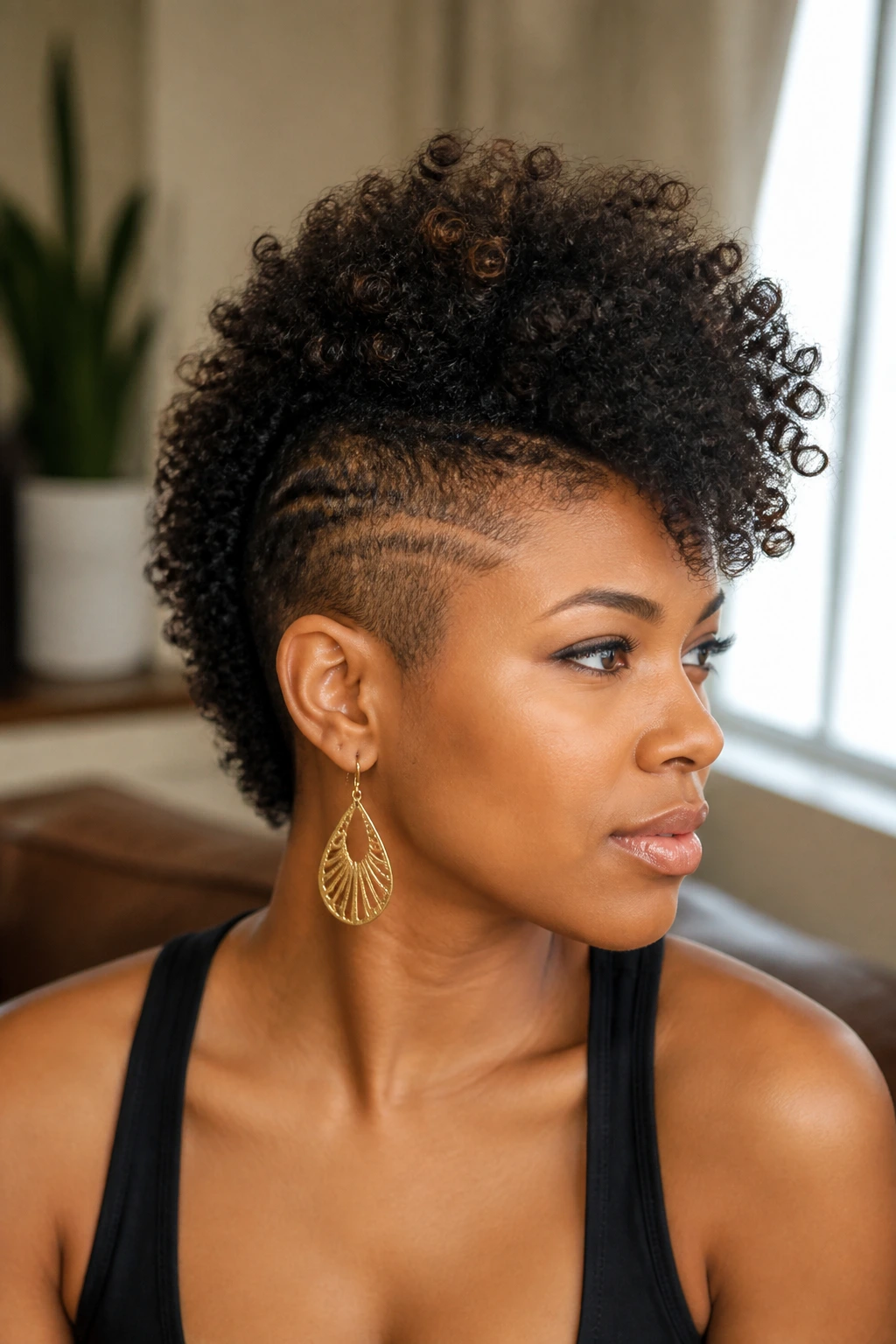 Close-up portrait of a real person with a dramatic frohawk silhouette and curly texture