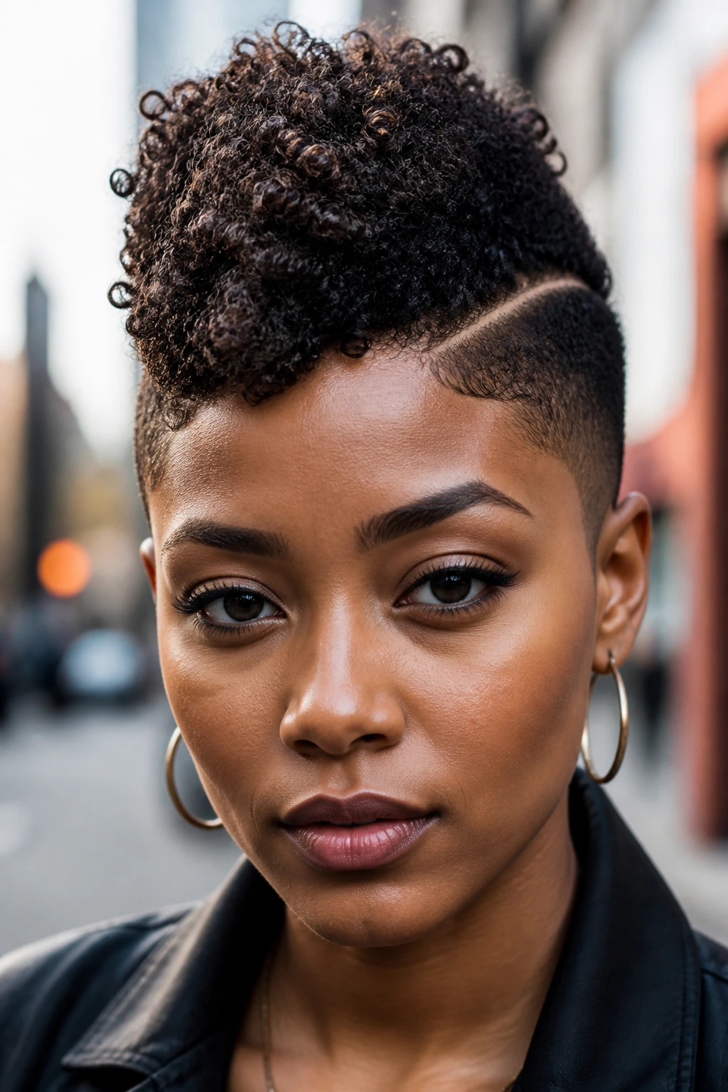 Close-up of a real person with a curly frohawk featuring a central ridge and tapered sides in urban daylight