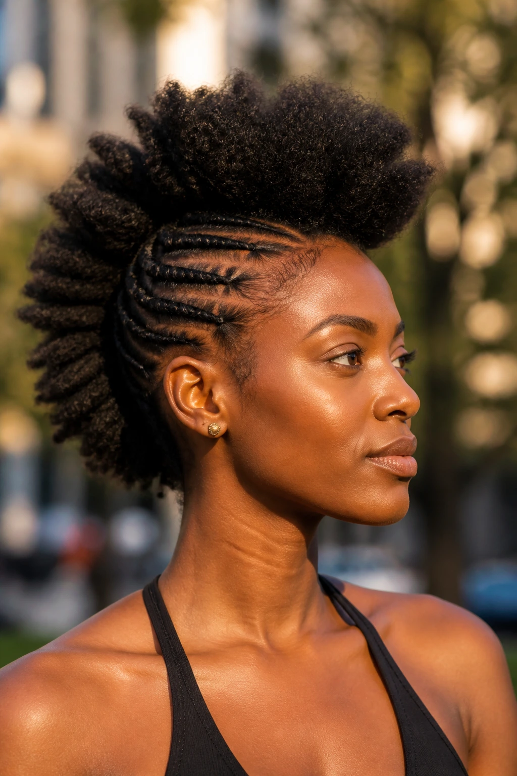 Real woman with dramatic frohawk and lifted crown silhouette