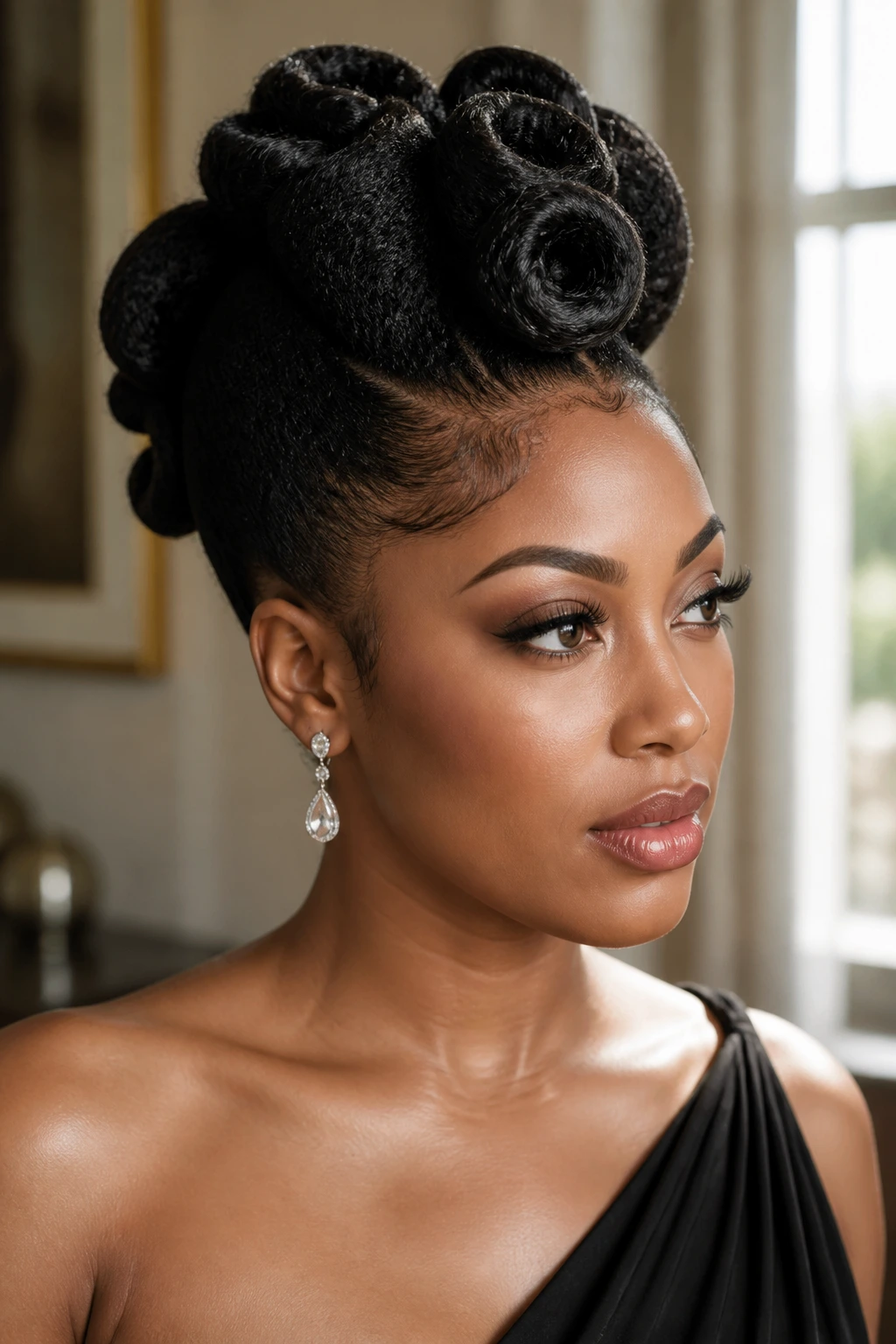 Close-up of a real Black woman with a sculpted editorial frohawk updo featuring loops and pinned sides.
