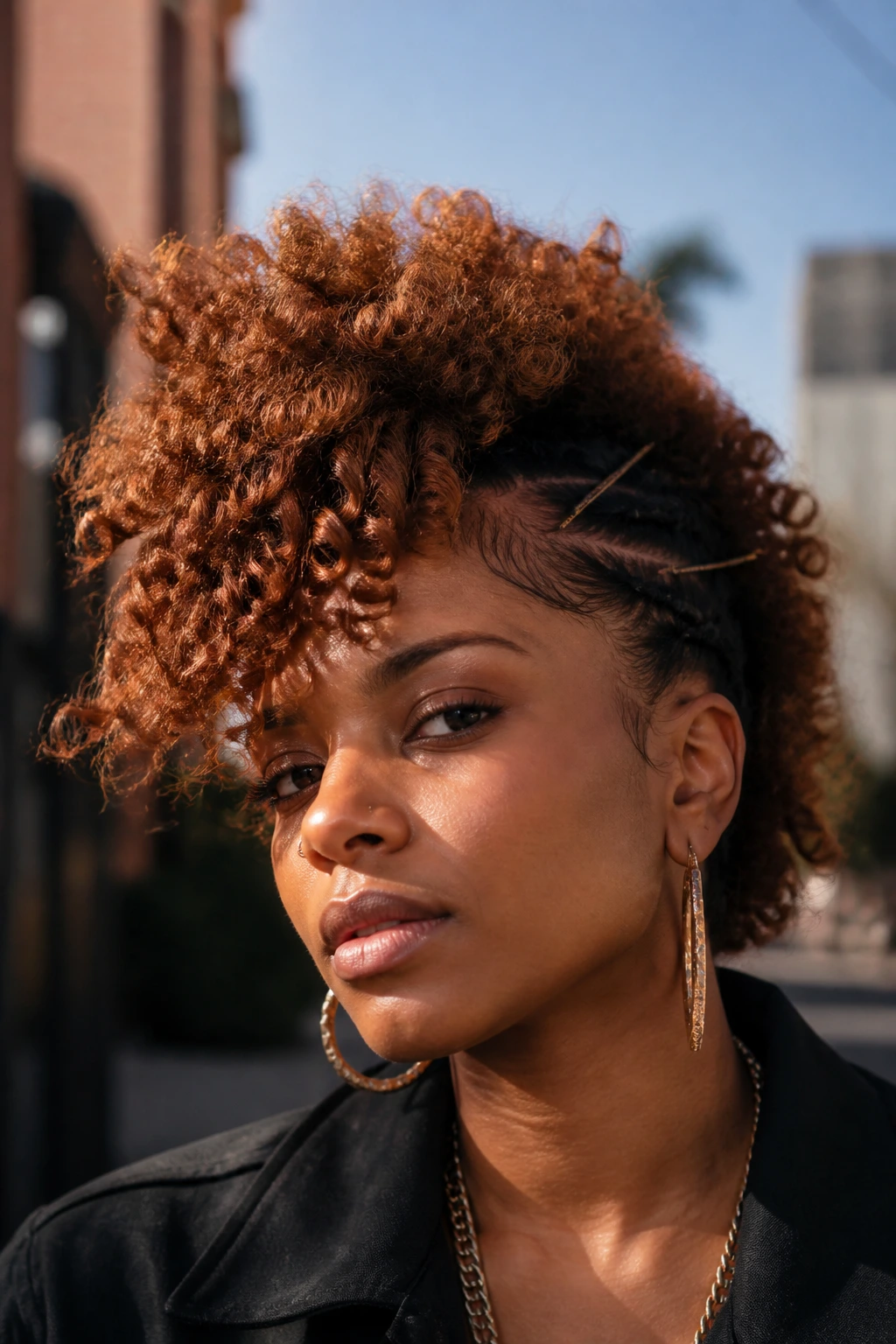 Portrait of a woman with a curly-first frohawk outdoors.