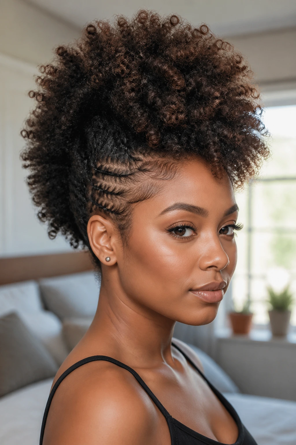Close-up portrait of a real person with a Fluffed-Out Volume Frohawk featuring airy center and defined sides