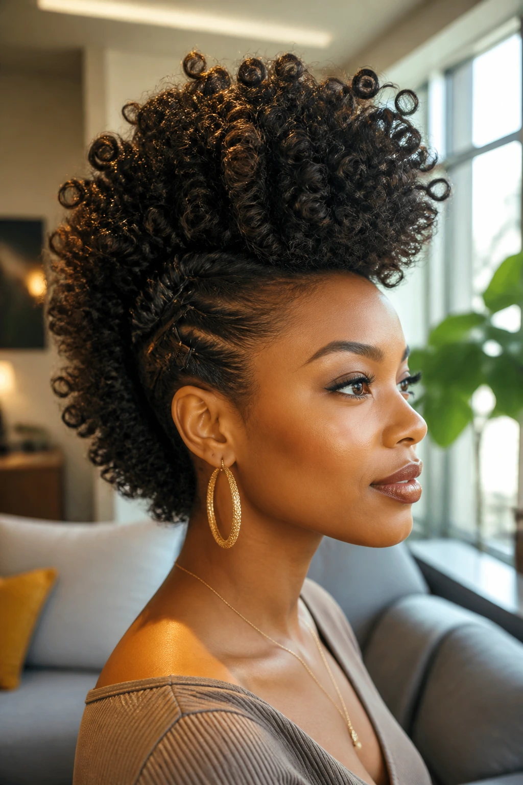 Close-up of a real woman with frohawk volume and pinned sides