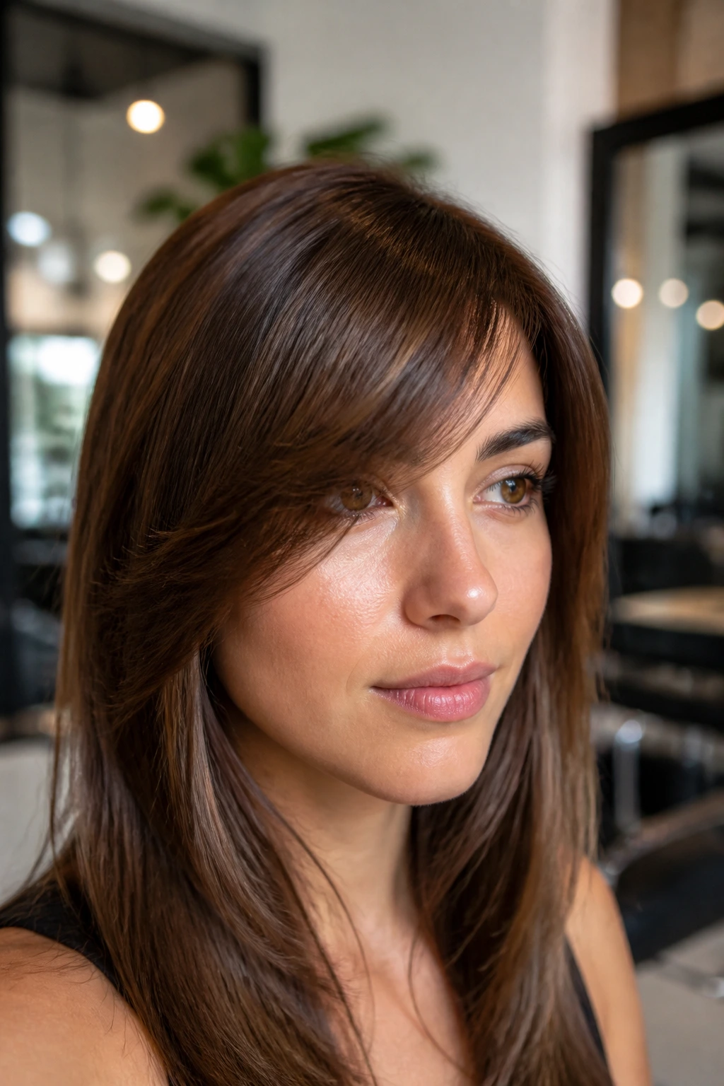 Close-up of a person with a well-shaped front bang in soft light