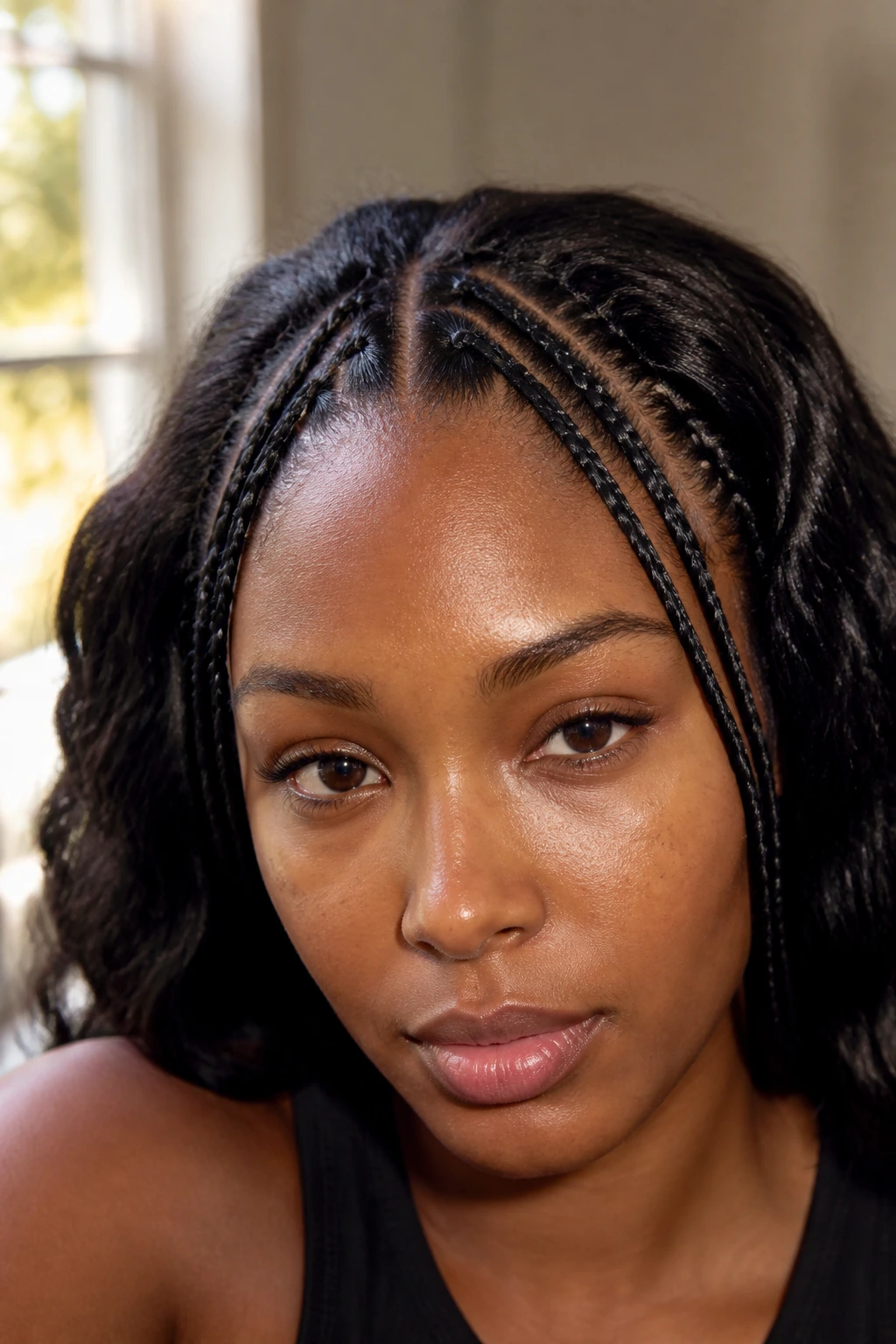 Portrait of woman with front cornrows framing her face.