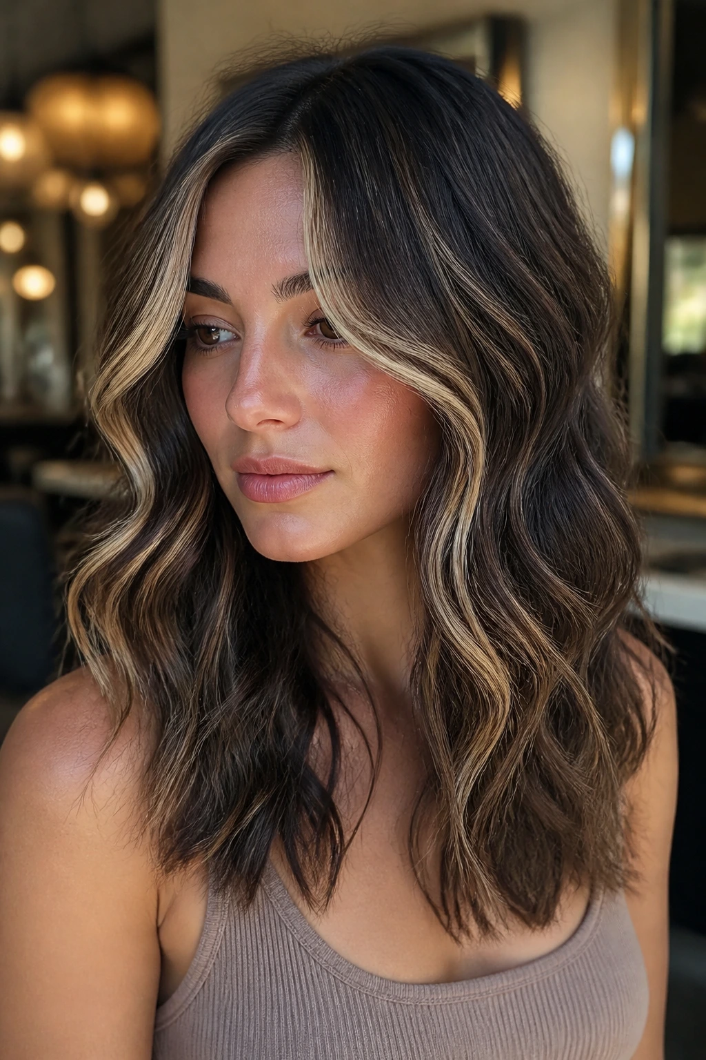Close-up of a real woman with a wave-following front frame