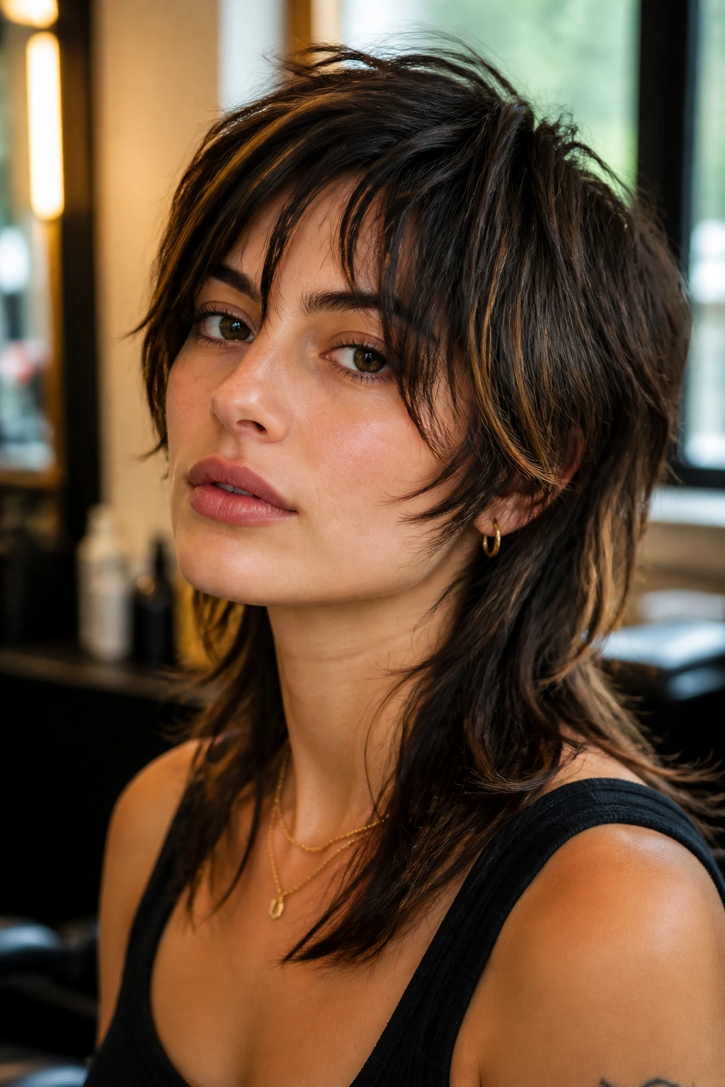 Close-up portrait of a real woman with mullet haircut showing front framing in a salon setting