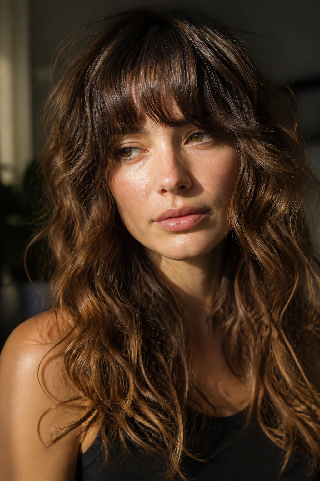 Portrait of a woman with a front fringe and wavy hair.