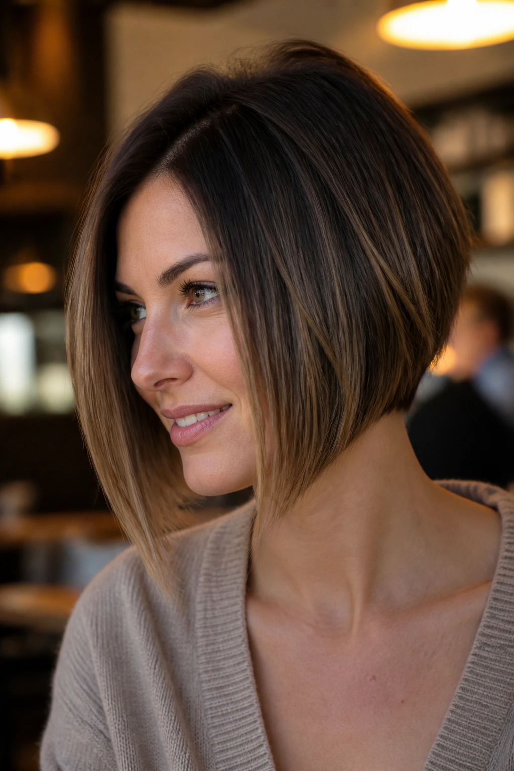 Close-up Front-Heavy Bob hairstyle on a real woman with longer front pieces and warm cafe lighting