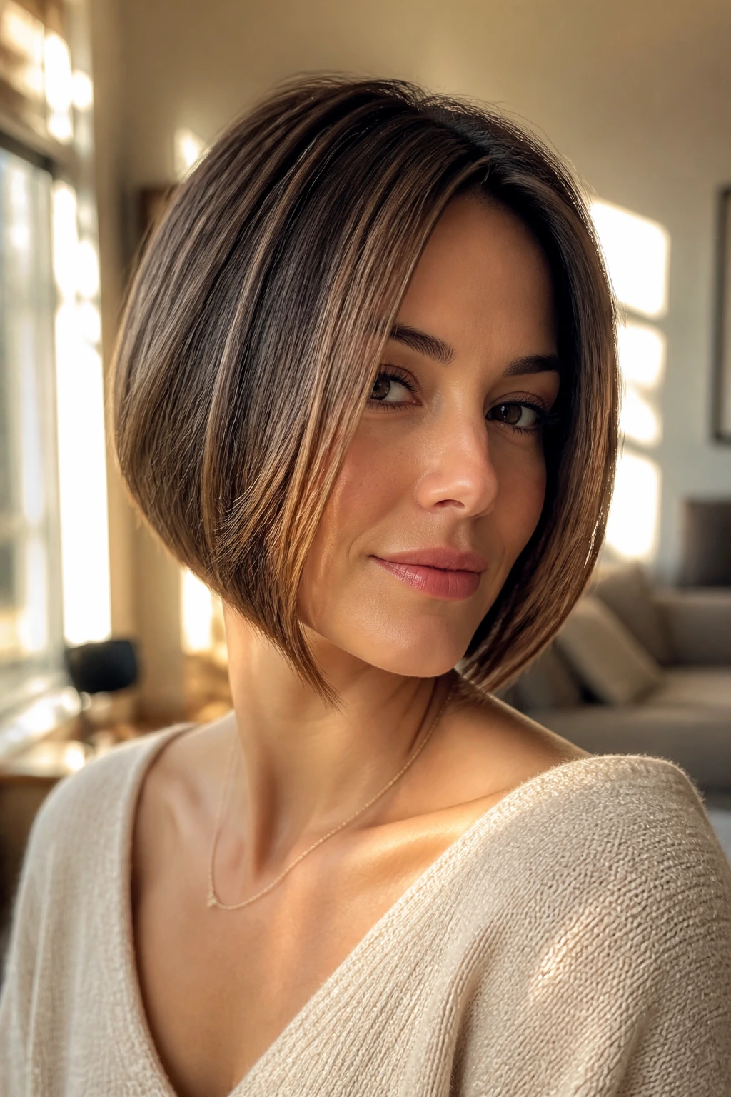 Portrait of a real woman with front-heavy bob framing the face below the cheekbone