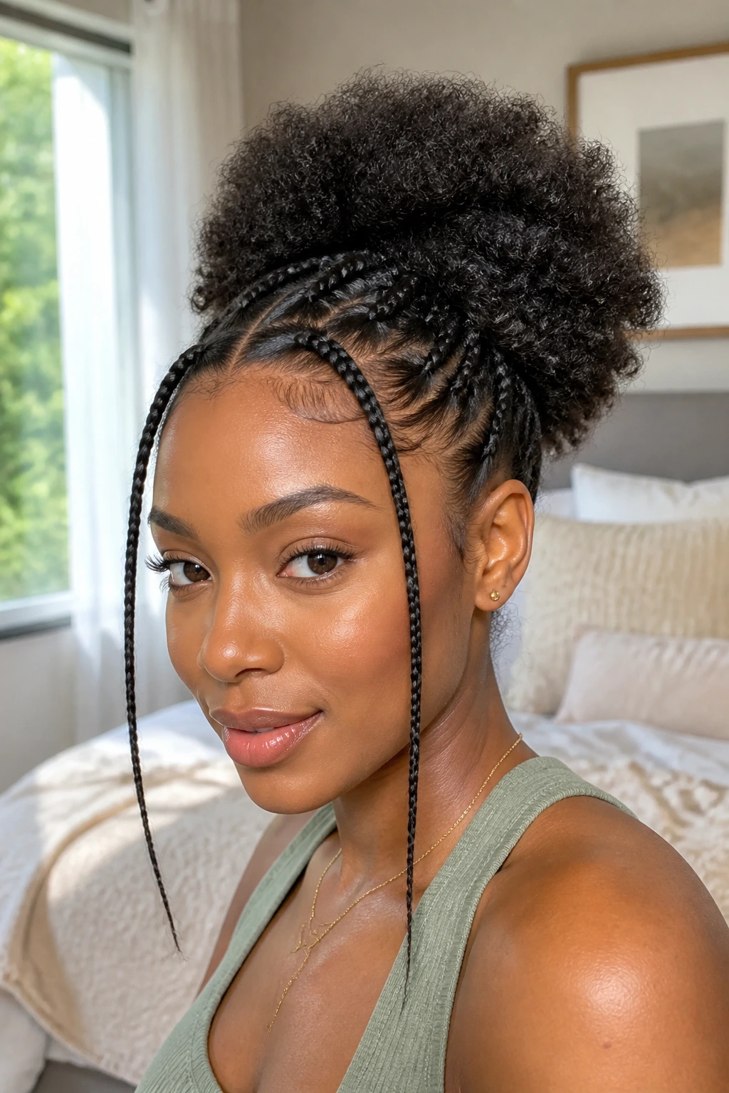 Close-up of Front-Knotless Braids Puff hairstyle on a real person