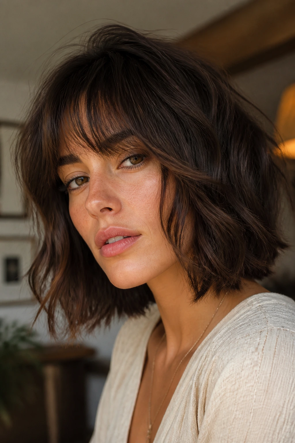 Portrait of brunette shaggy bob with soft front layers near cheekbone