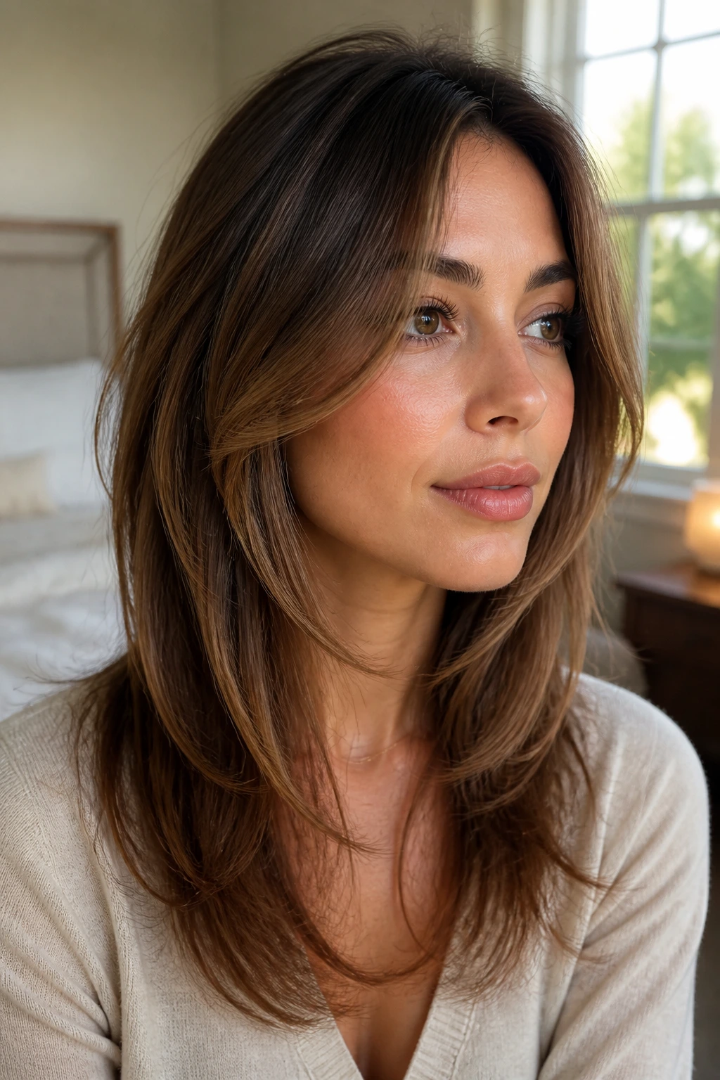 Close-up portrait of a woman with front layers framing her face.