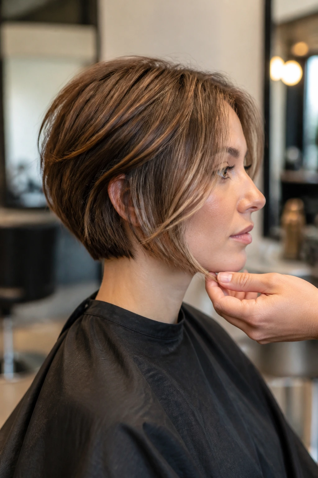 Side-profile portrait of a woman in a salon chair showing the front hair length from cheek to jaw