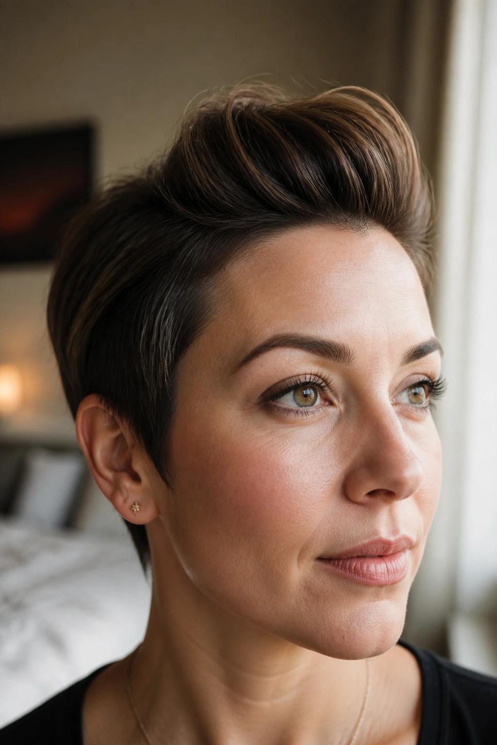 Close-up portrait of a real woman with a front pompadour lift on short hair