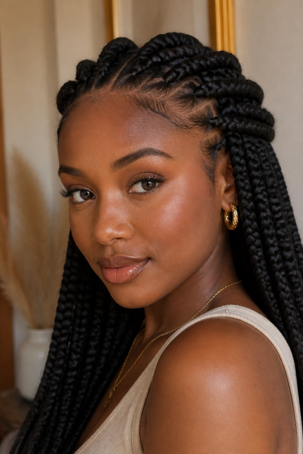 Close-up of jumbo box braids with front rows adjusted for a softer hairline