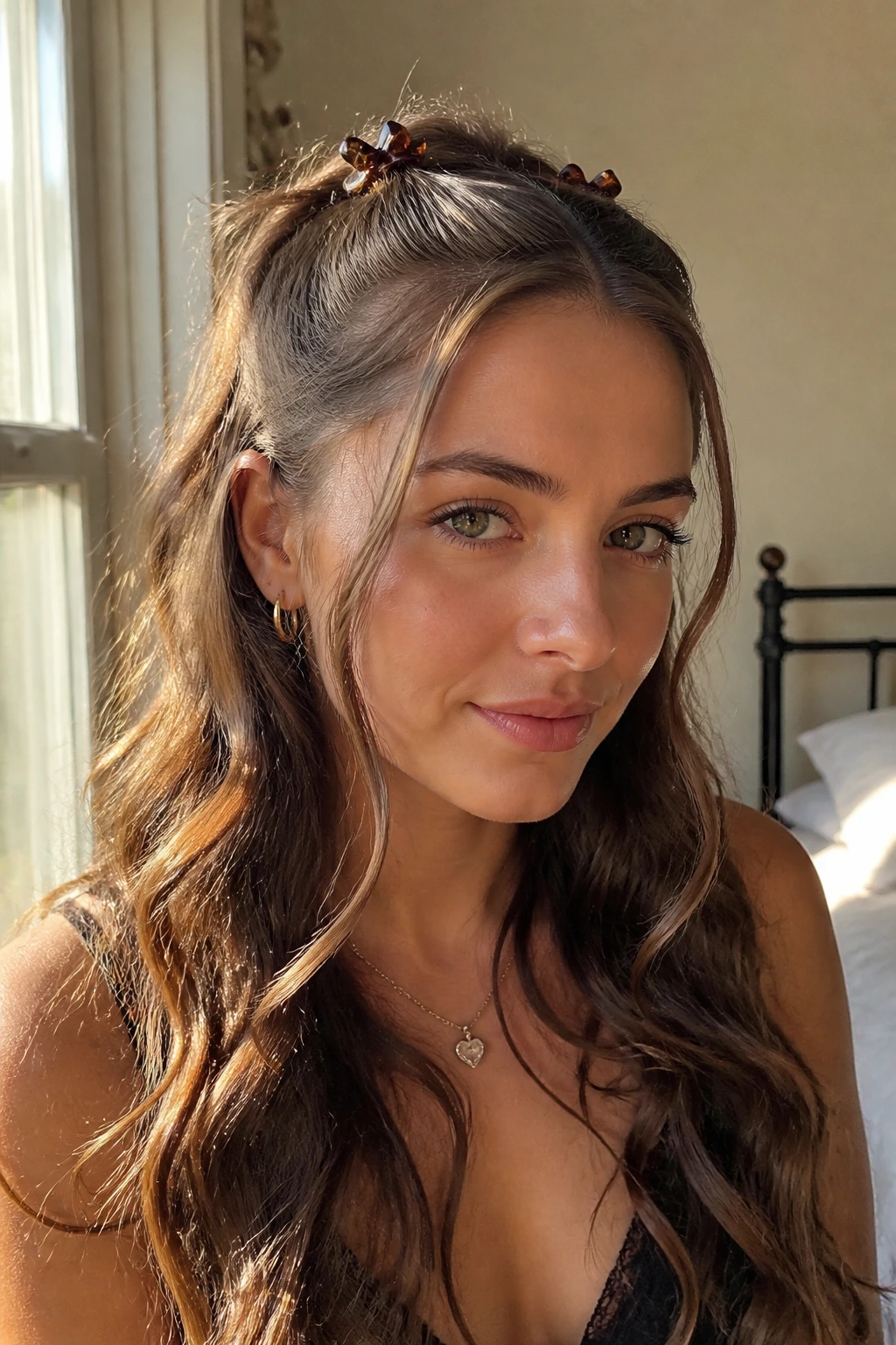 Close-up of a real woman with front tendrils pulled back and crown clipped in a 1990s hairstyle