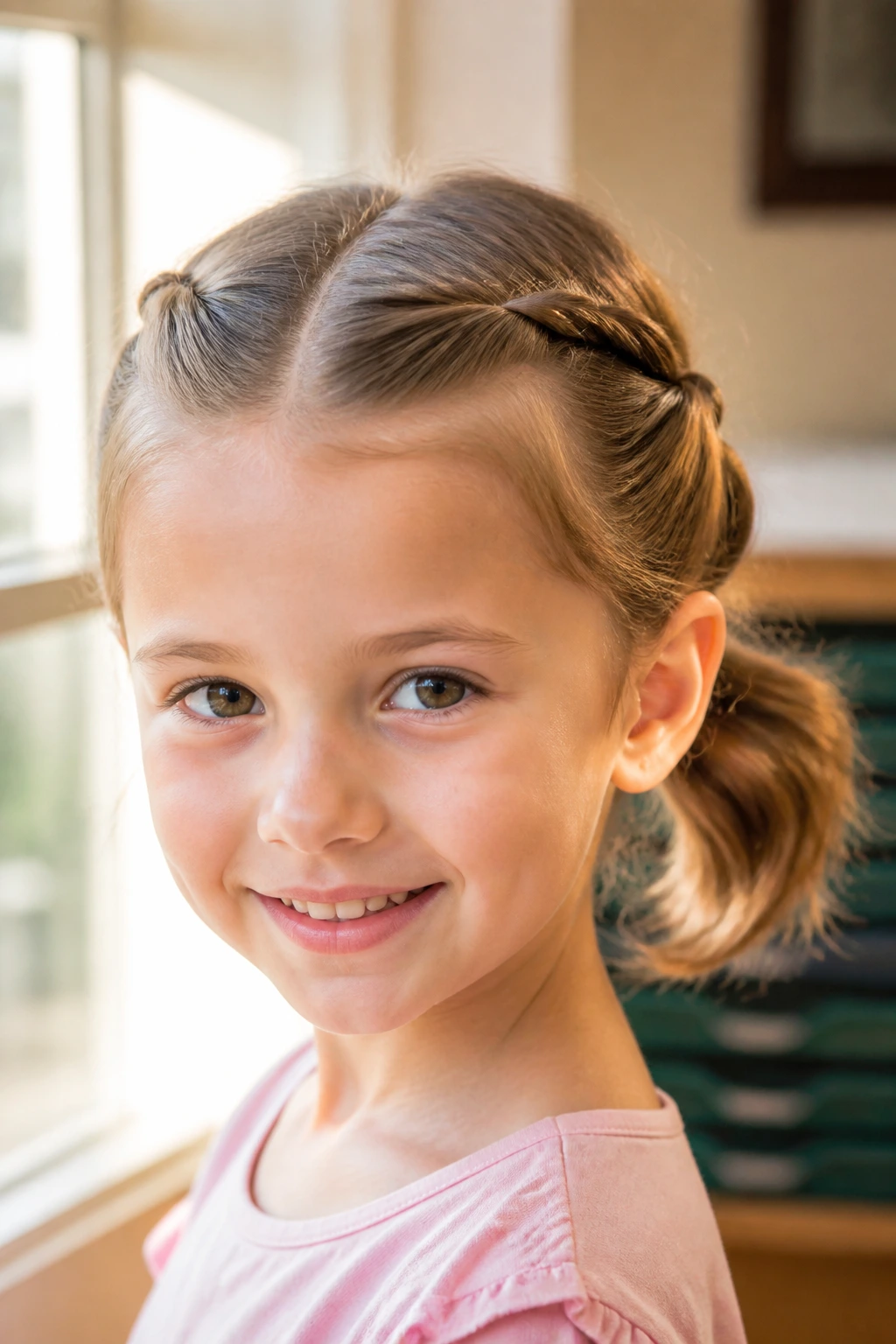 Close-up of a girl showing two front twists and a short ponytail