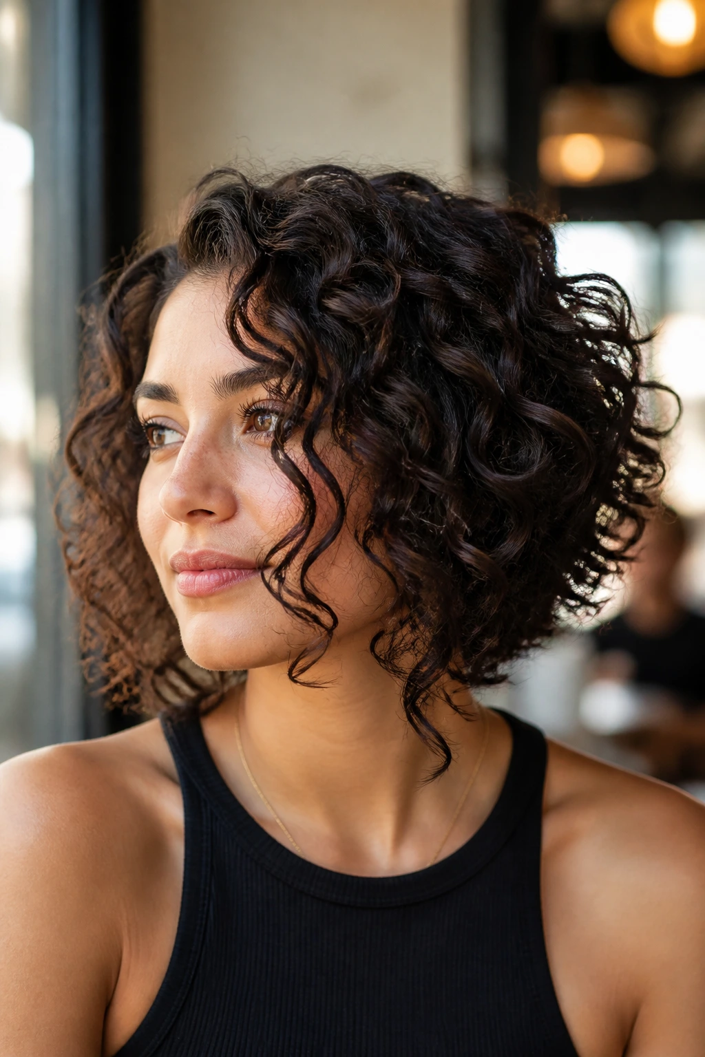 Close-up of a real woman with front-weighted curls framing the face