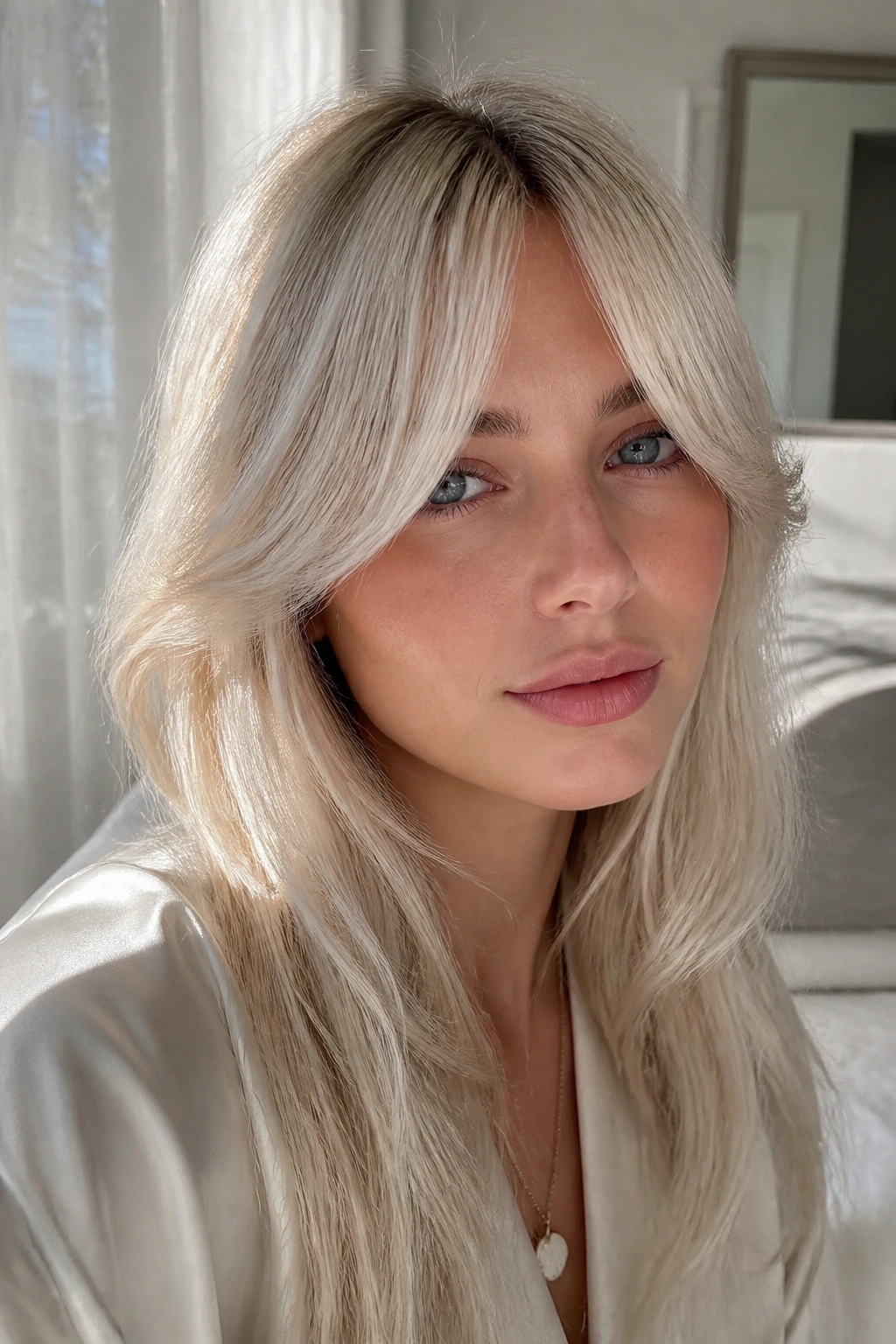 Close-up portrait of a woman with frost-kissed curtain bangs in icy blonde.