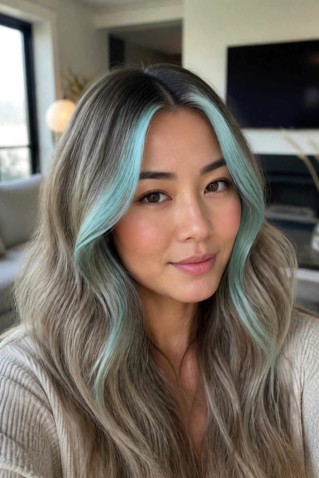 Close-up of a real woman showing frosted aqua money pieces framing the face