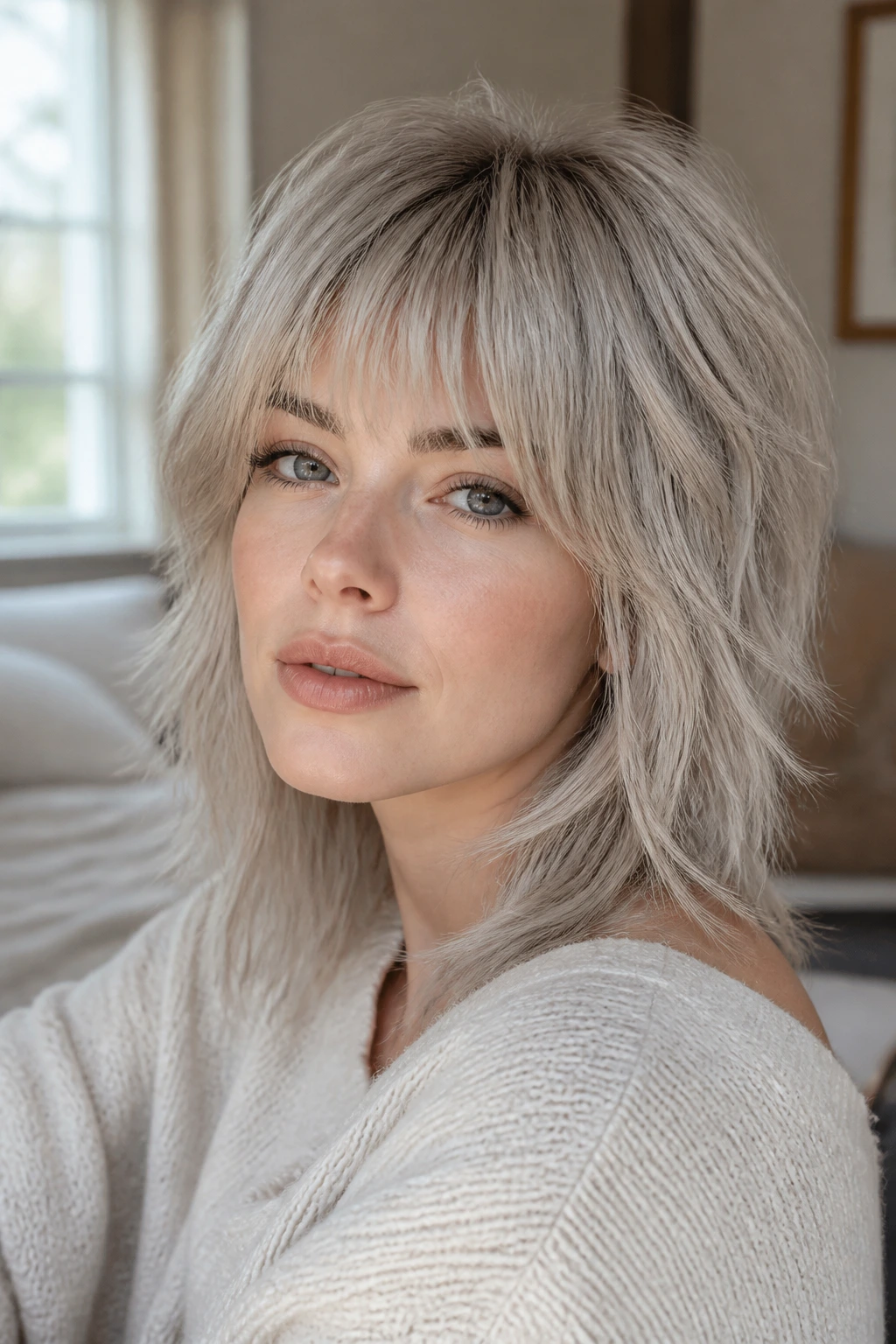 Close-up of a real person with frosted ash blonde shag under soft morning light