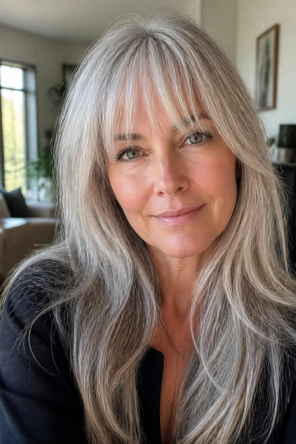 Close-up of a real woman with wispy frosted bangs and long gray hair.