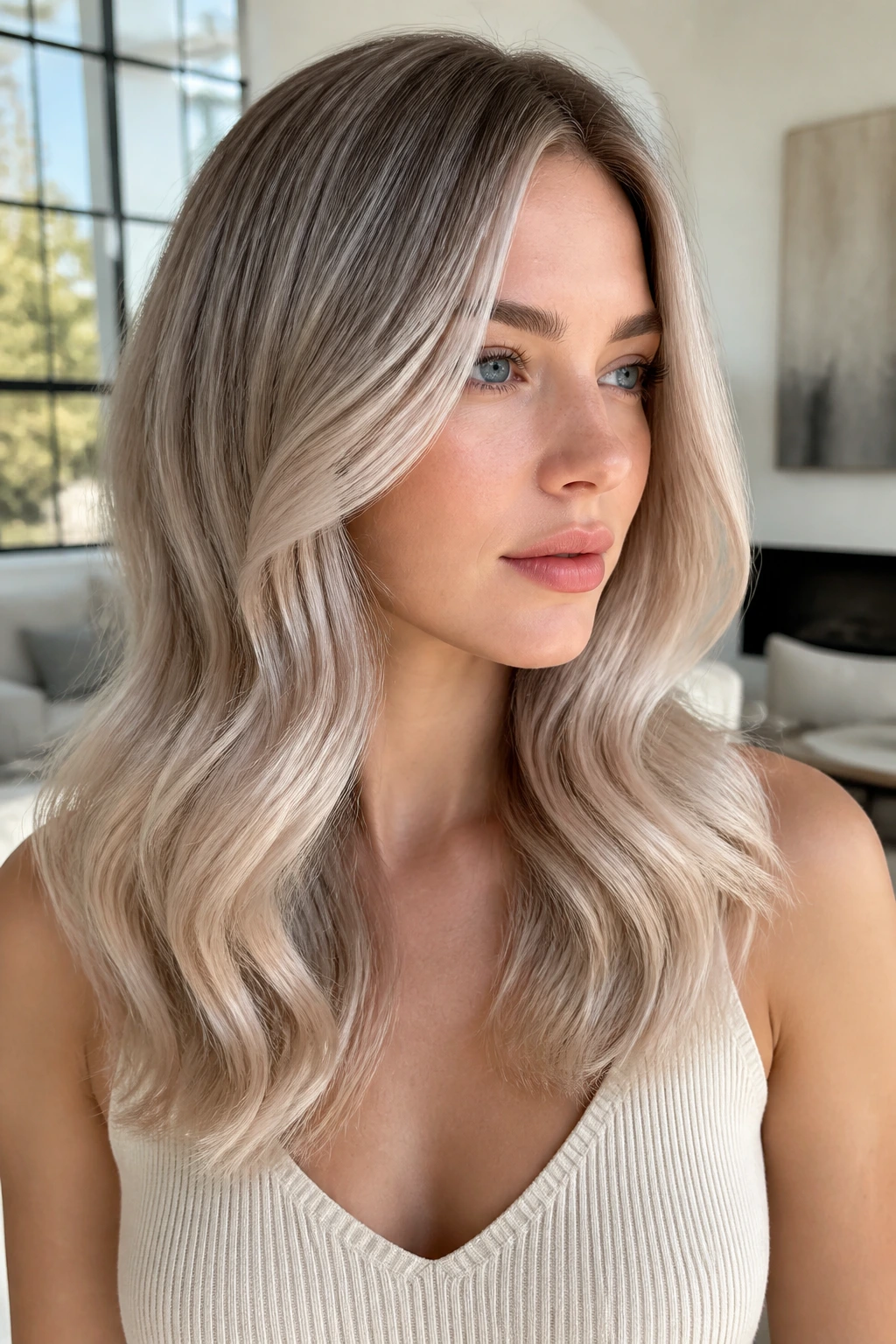 Portrait of a real woman with frosted beige blonde hair and ash tones.