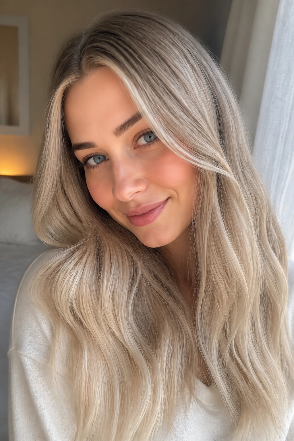 Close-up portrait of a real woman with frosted beige blonde hair and soft cool edge