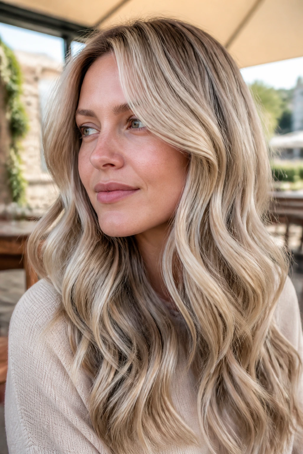 Close-up of a real woman with frosted beige waves and hidden lowlights