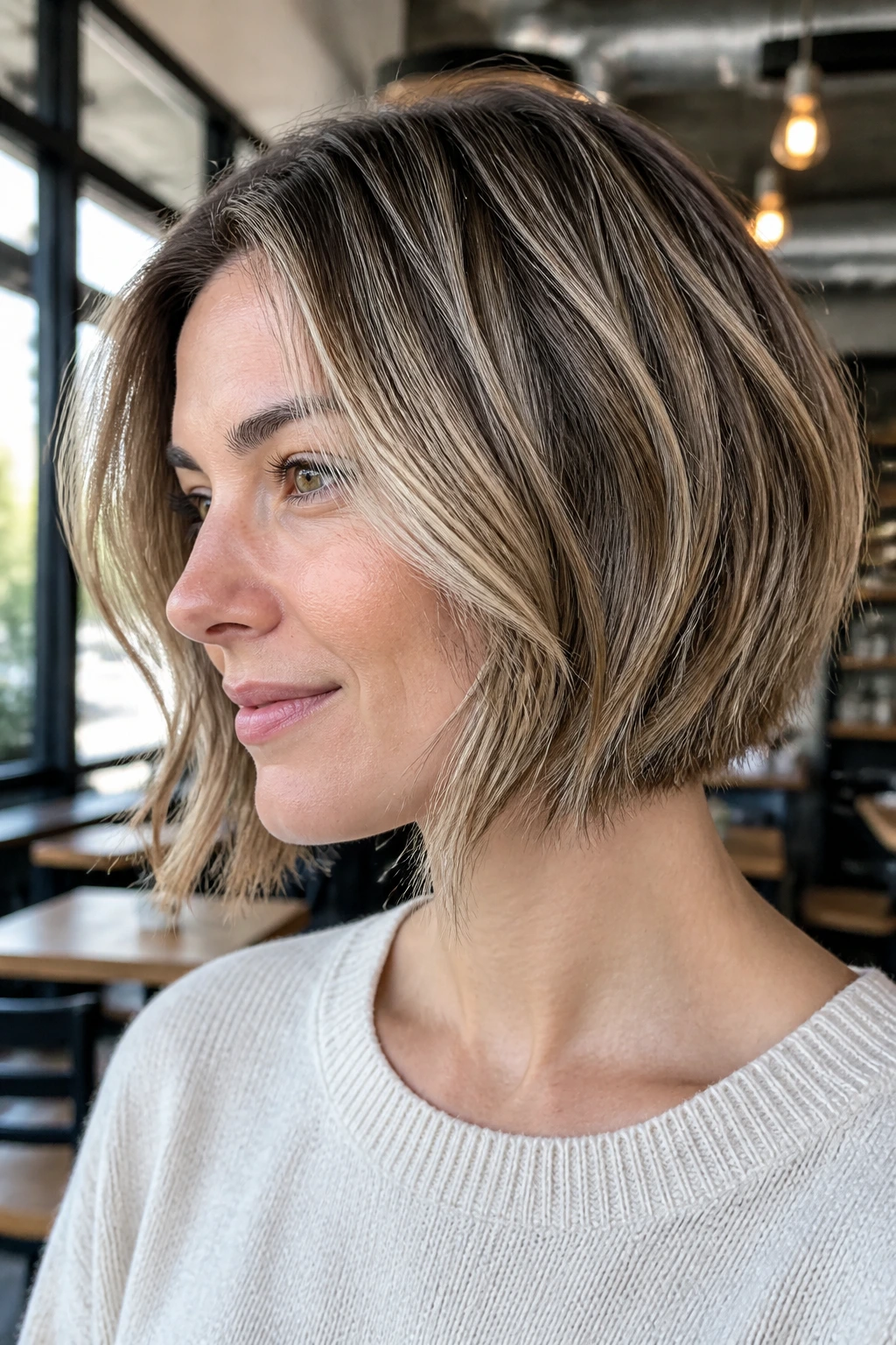Close-up of a woman with frosted bronde bob under natural light