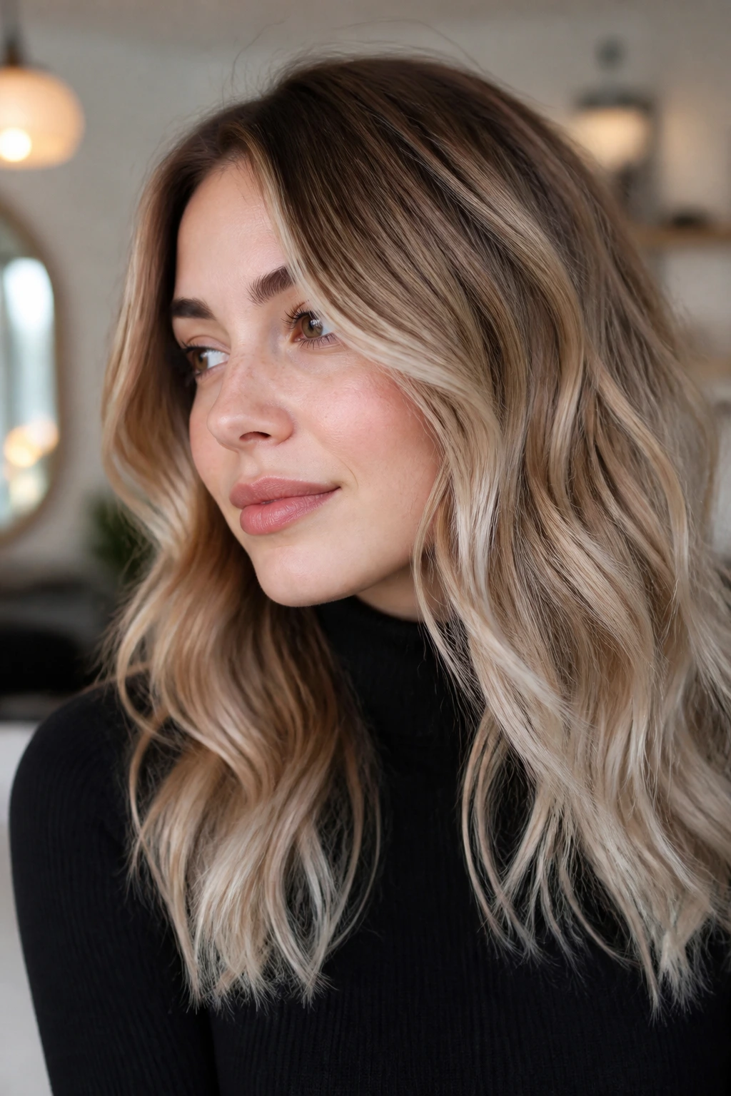 Close-up portrait of a real woman with frosted caramel balayage in soft salon light