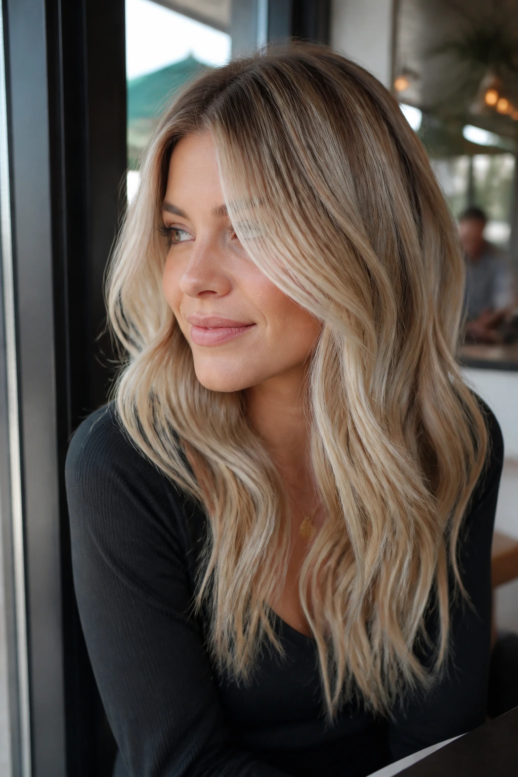 Close-up portrait of a real woman with Frosted Caramel Blonde hair in cafe window light