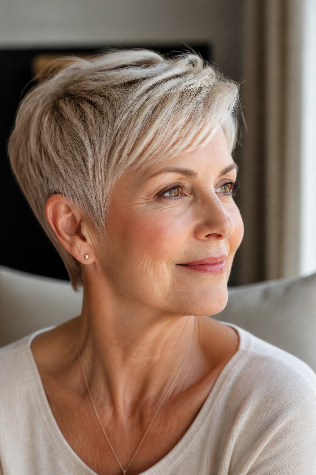 Close-up portrait of a real woman with a frosted champagne pixie hairstyle