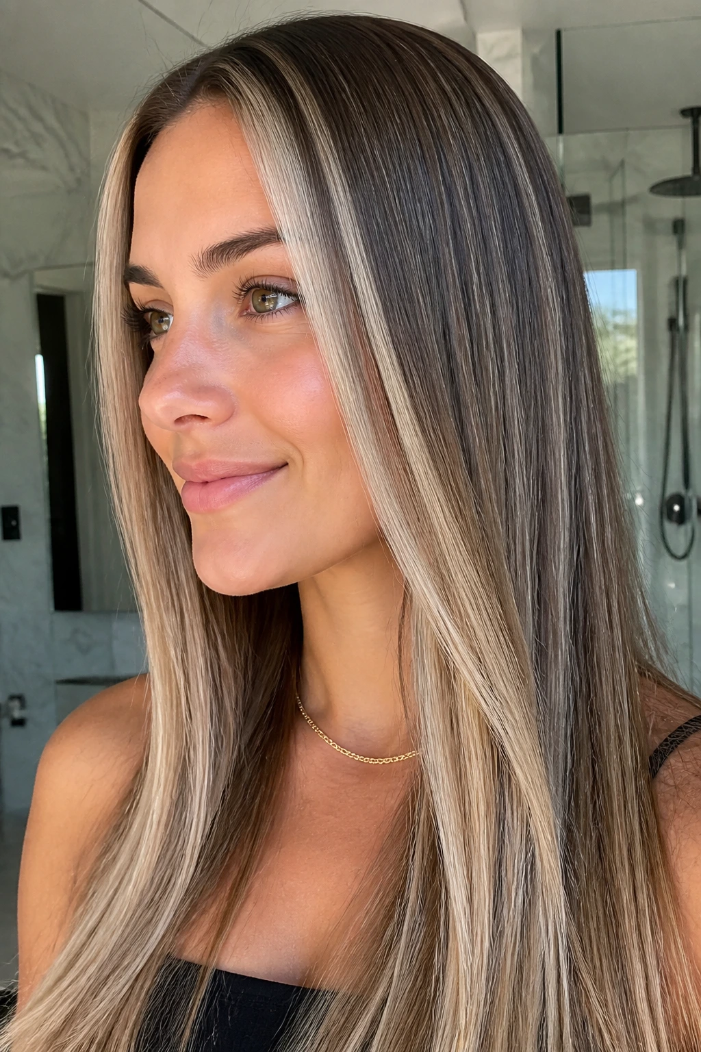 Close-up portrait of a woman showing frosted cream slices in straight hair